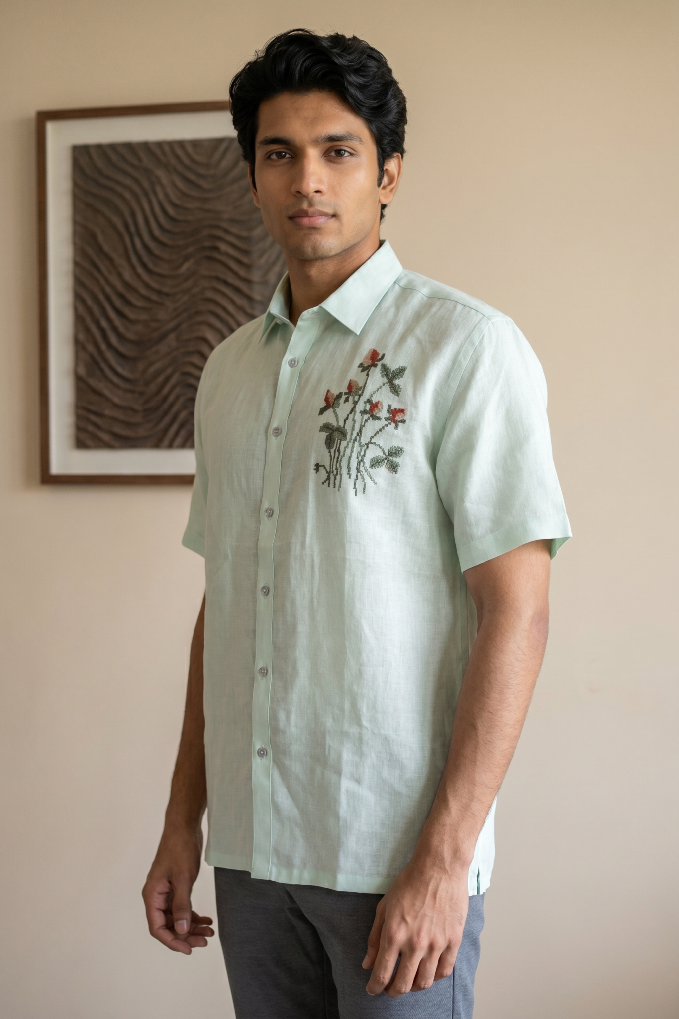 Mint Green Linen Shirt with Thread Work