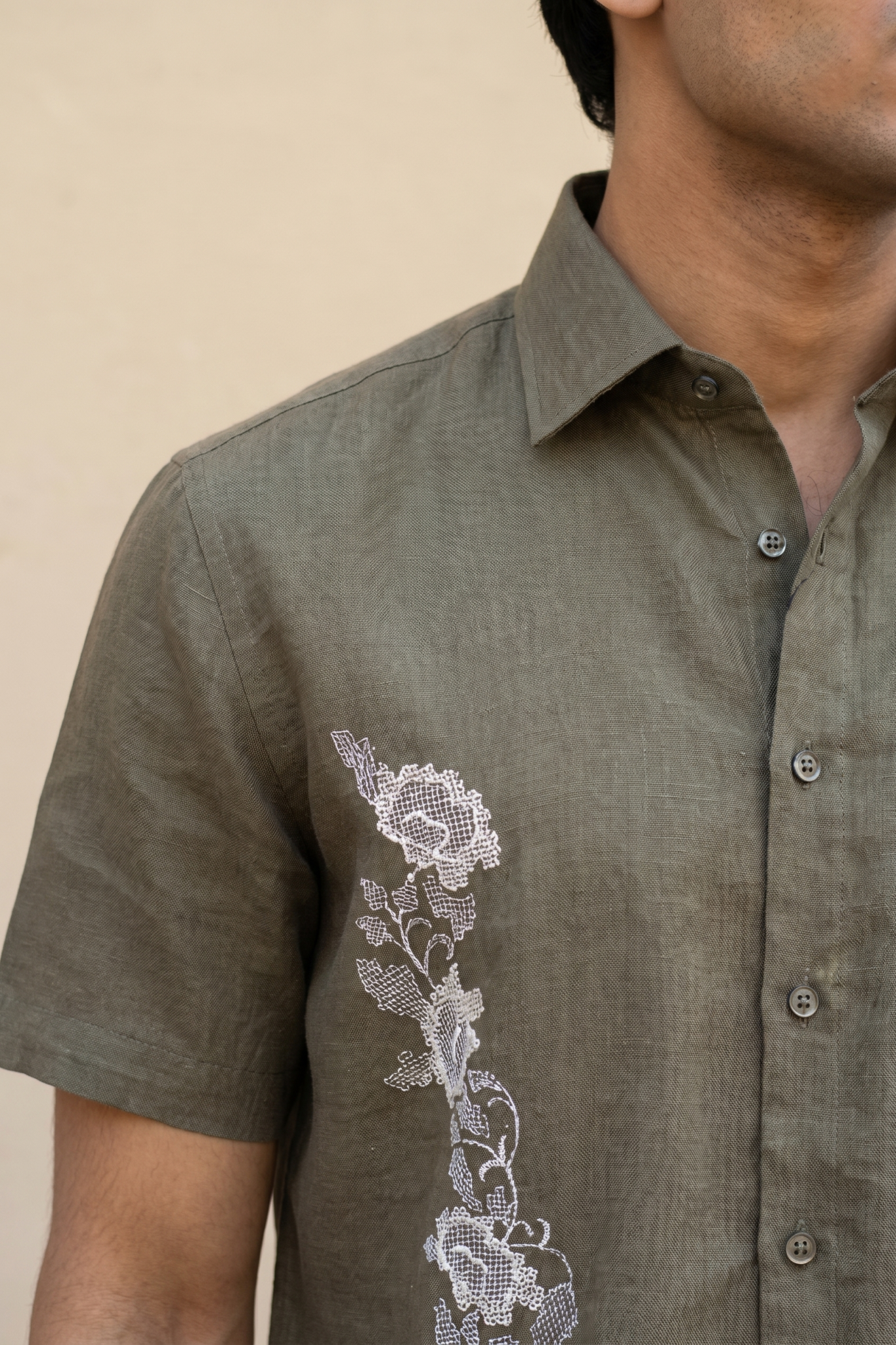 Olive Green Linen Shirt with Thread Work
