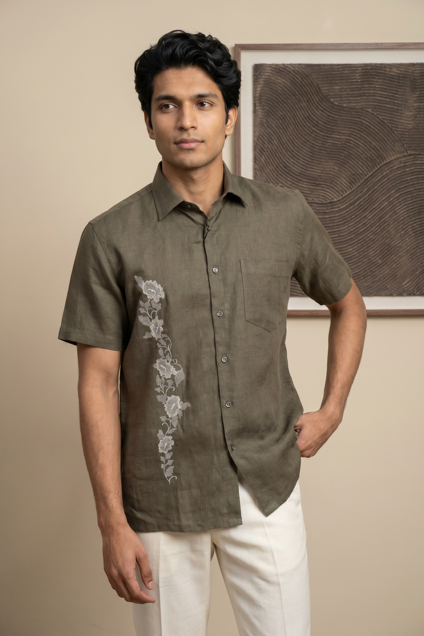 Olive Green Linen Shirt with Thread Work