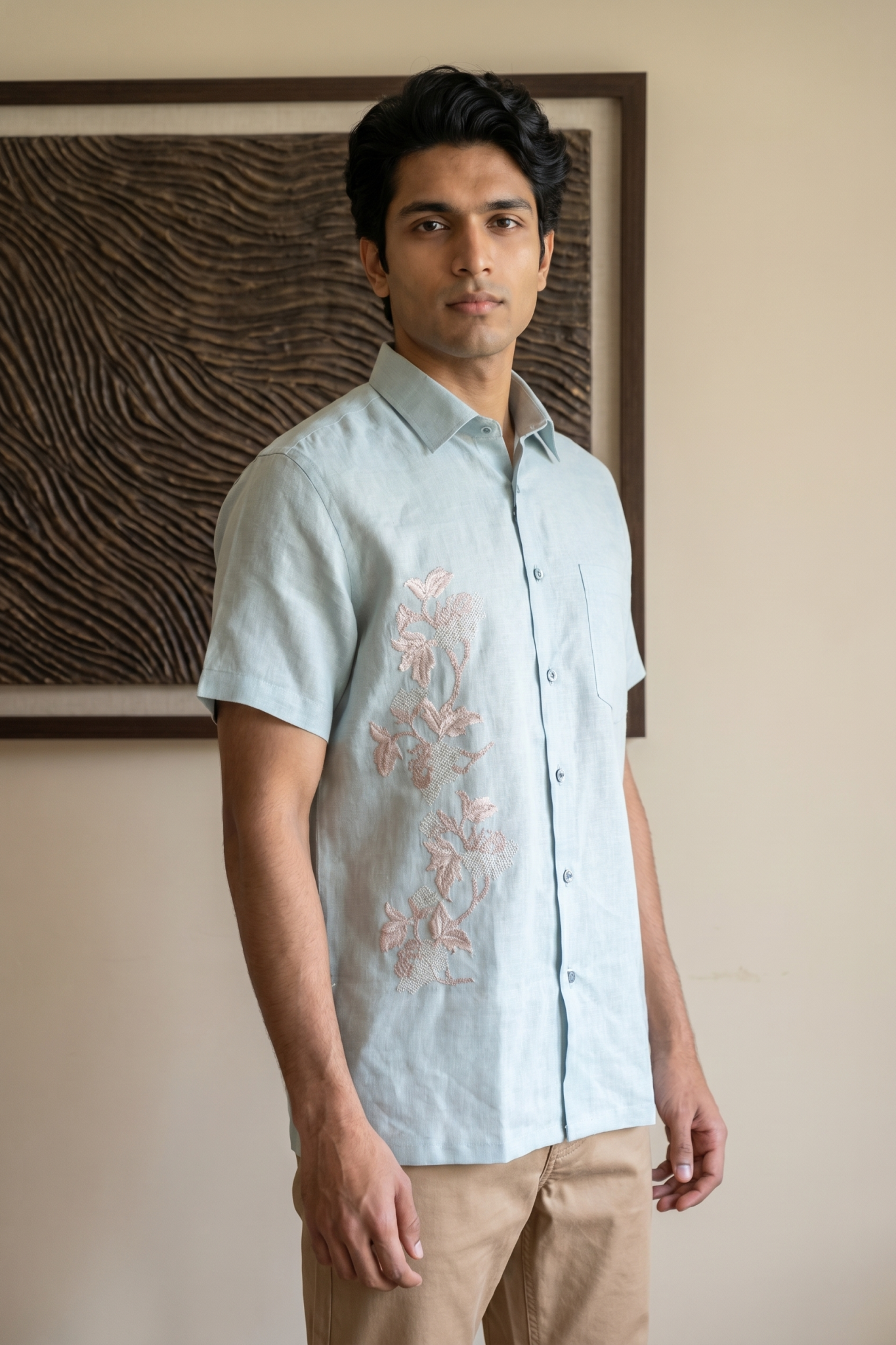 Ice Blue Linen Shirt with Thread Work