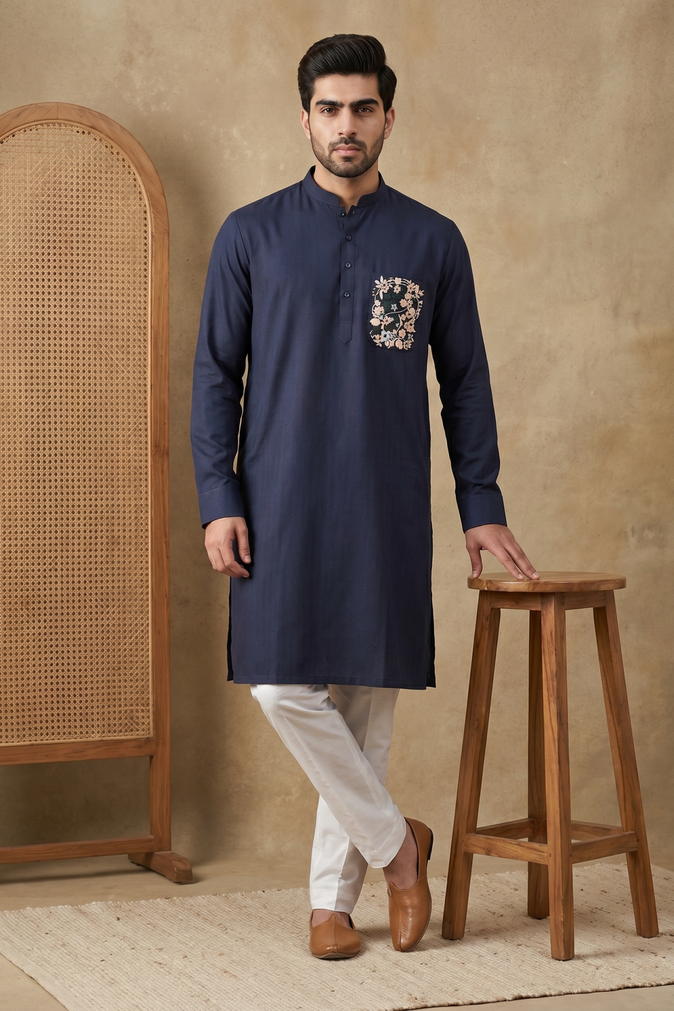 Light Blue Linen Kurta Set with Thread Work