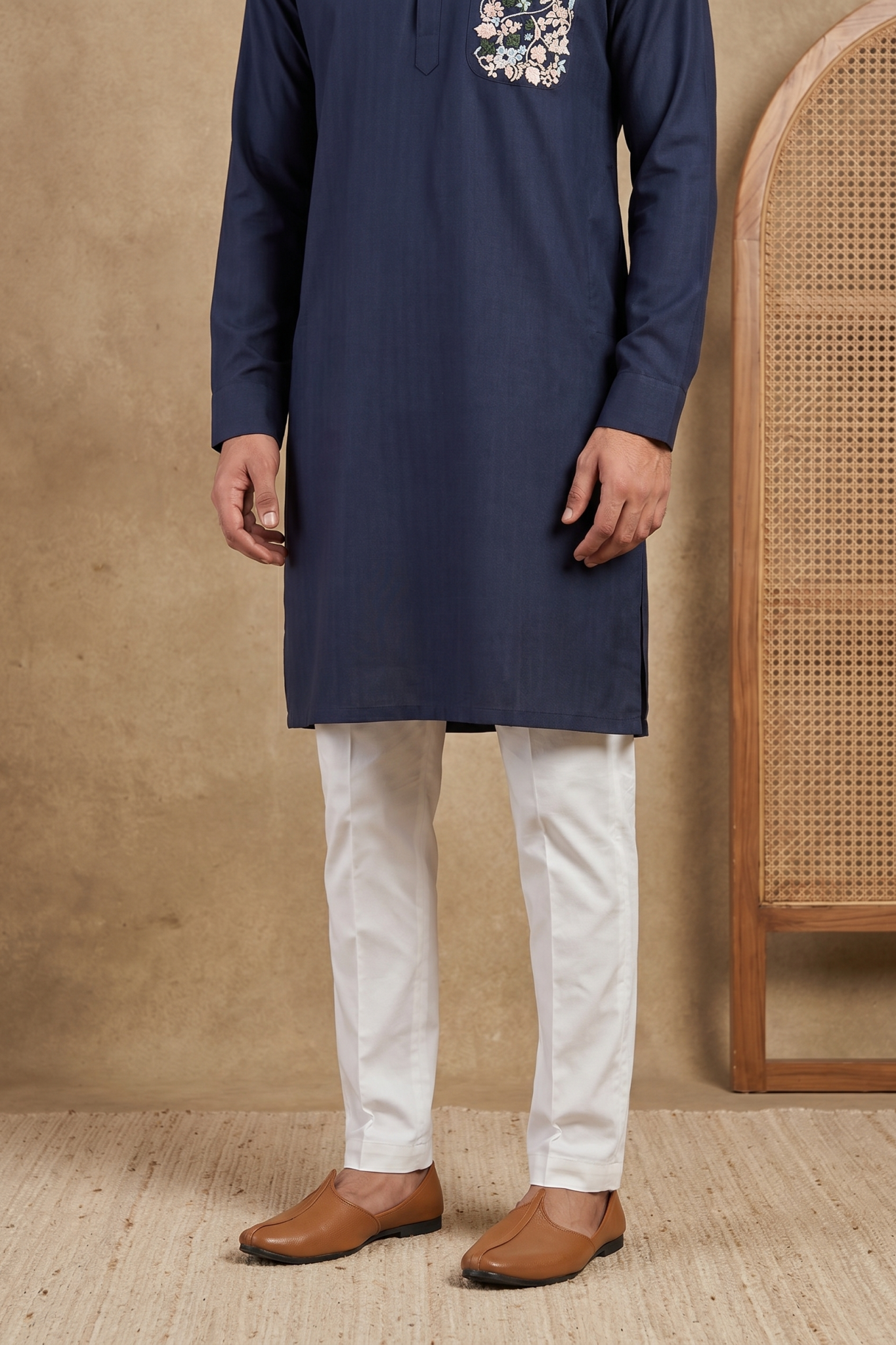 Light Blue Linen Kurta Set with Thread Work
