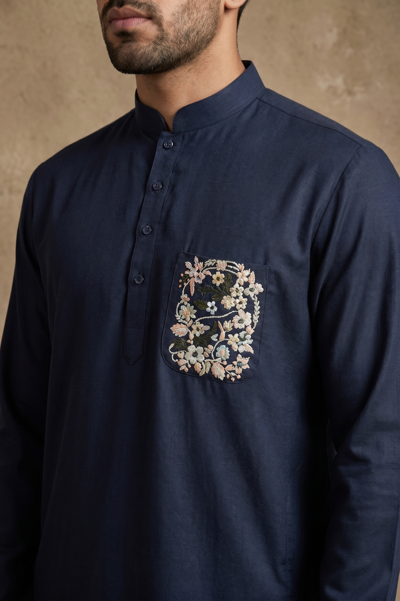 Light Blue Linen Kurta Set with Thread Work