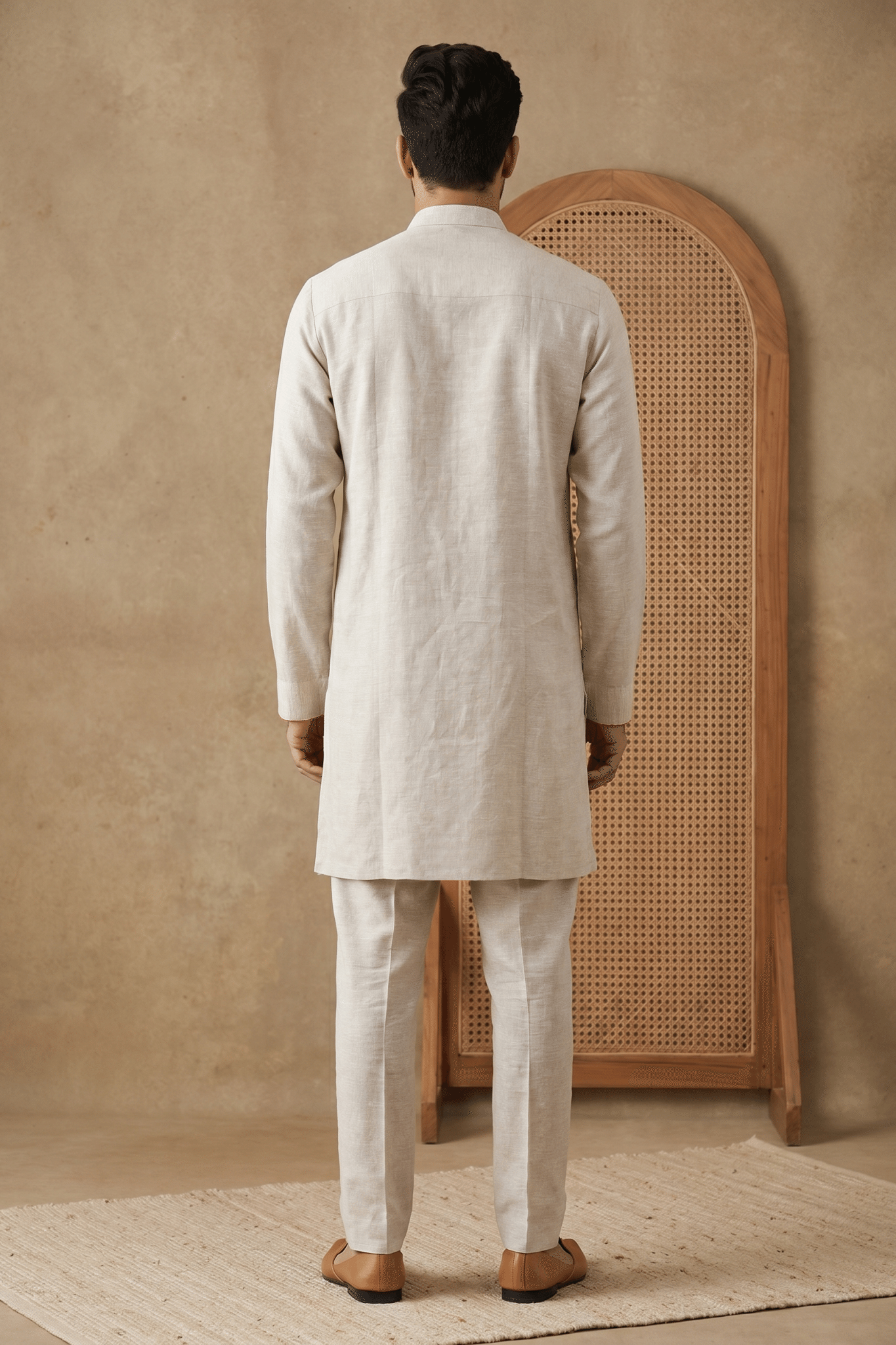 Cream Linen Kurta Set with French Knot & Pearl Work