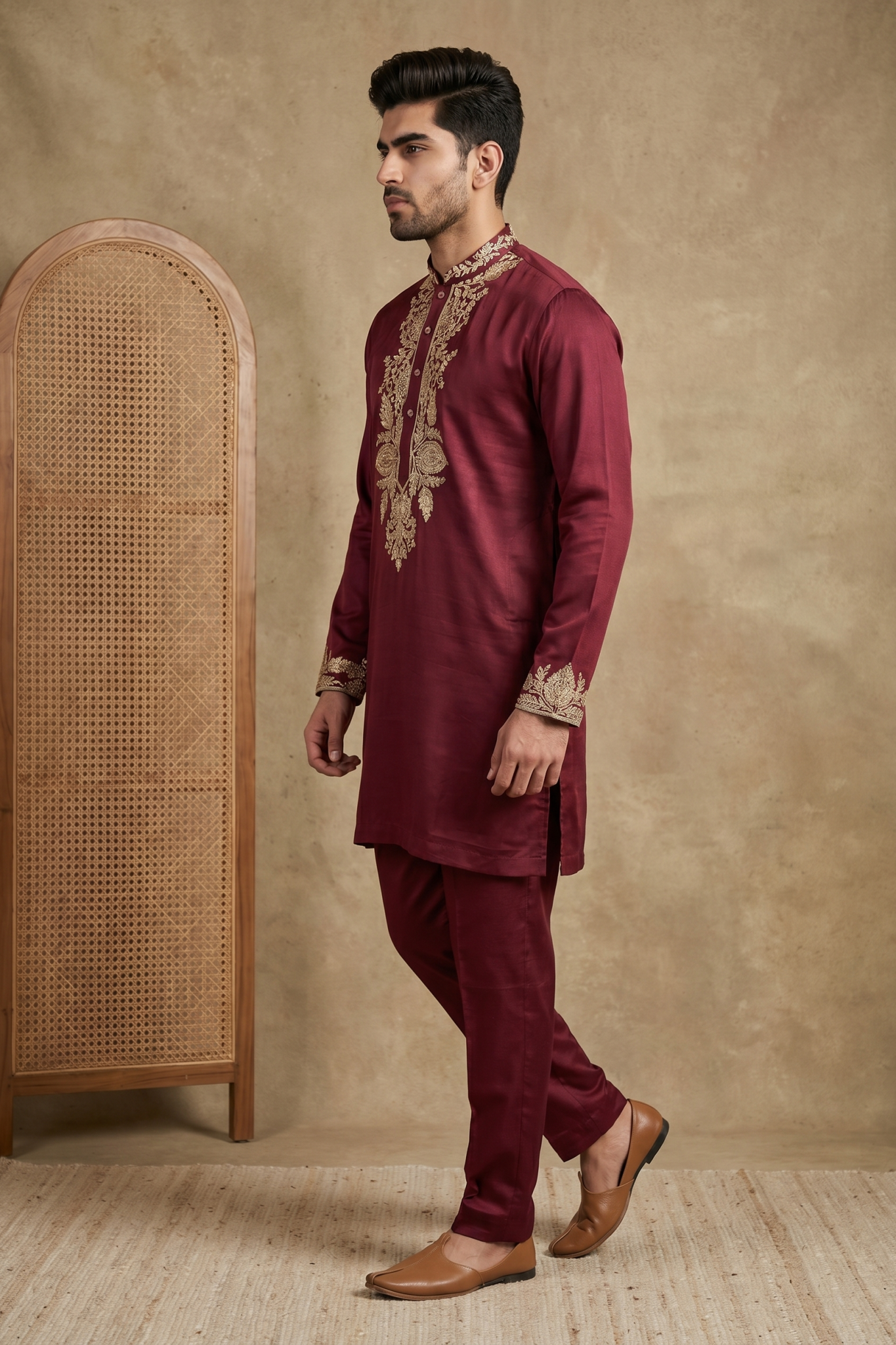 Wine Nysa Silk Kurta Set with Zari, Sequin and Cutdana Work