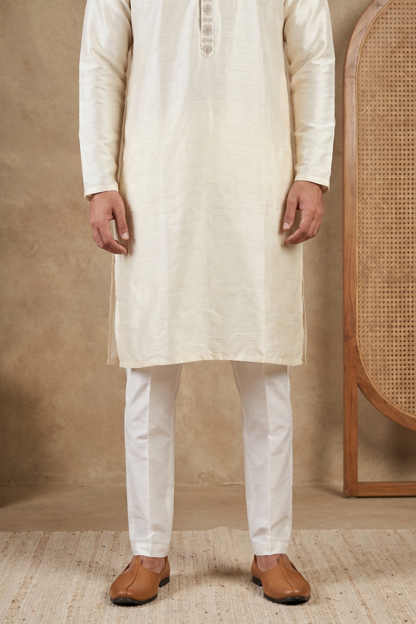 Cream Raw Silk Kurta Set with Thread Work