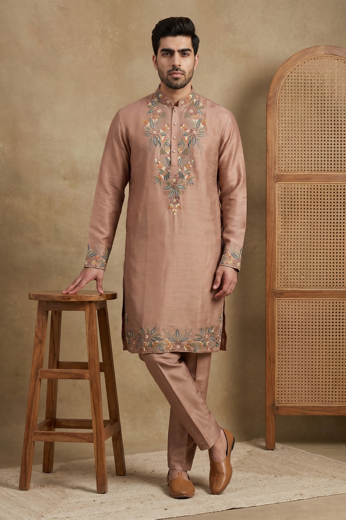 Onion Pink Chanderi Silk Kurta Set with Mirror Embroidery