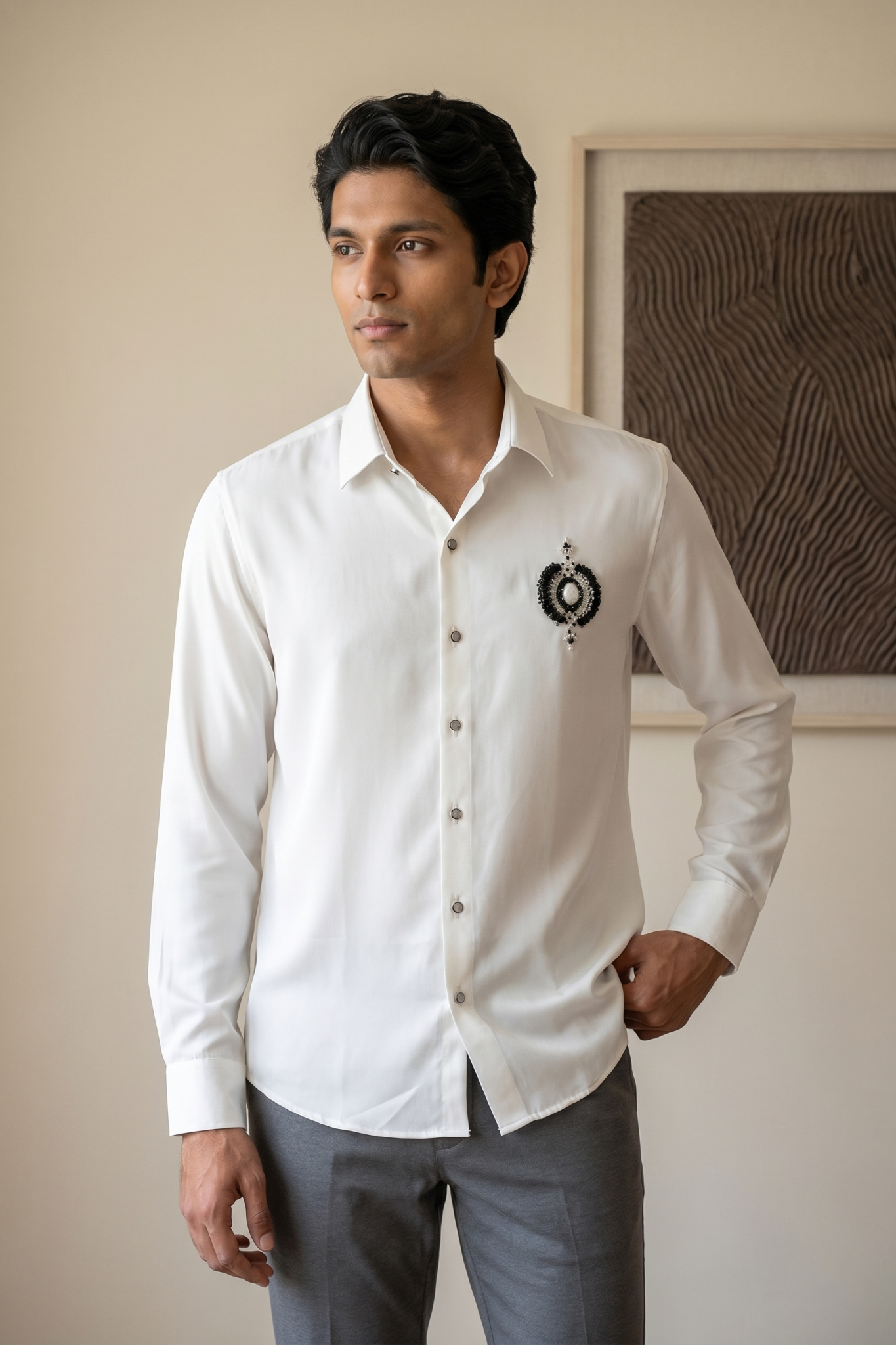 White Bom Mario Shirt with Bead Work