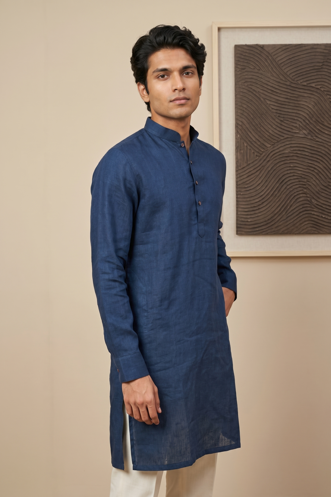 Navy Blue Linen Kurta