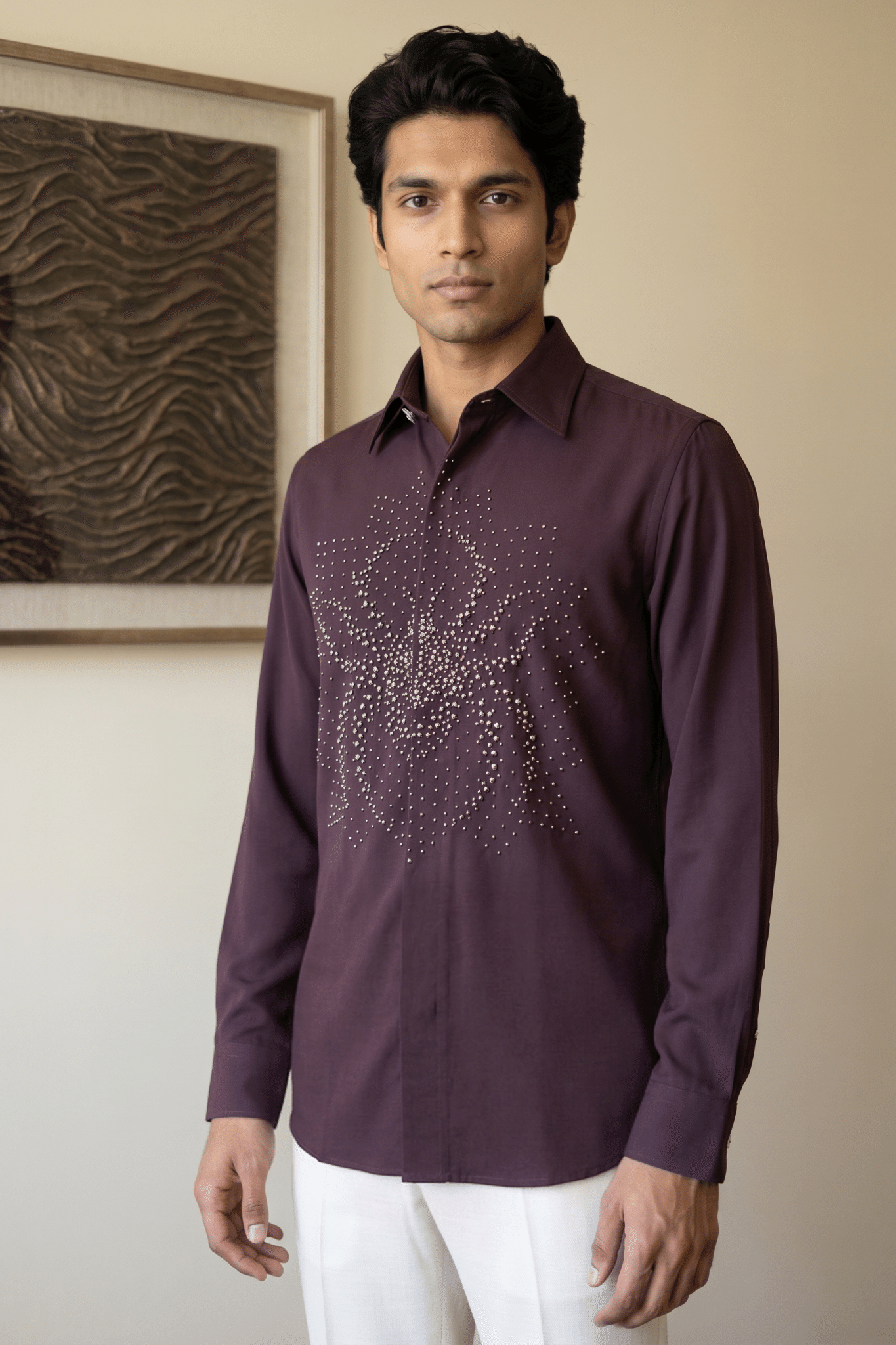 Wine Bom Mario Shirt with Moti Work