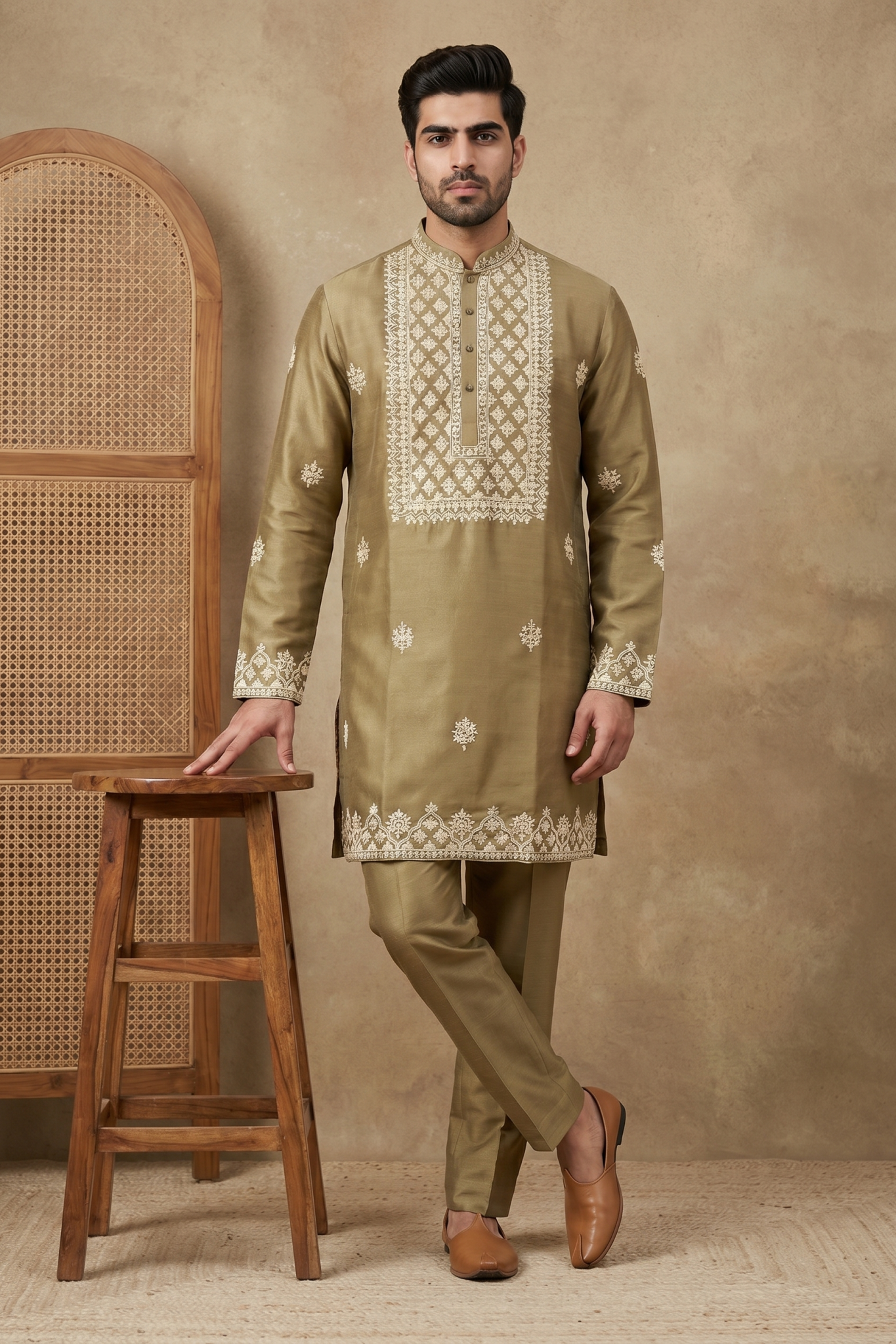 Gold Chanderi Silk Kurta Set with Zari and Thread Embroidery