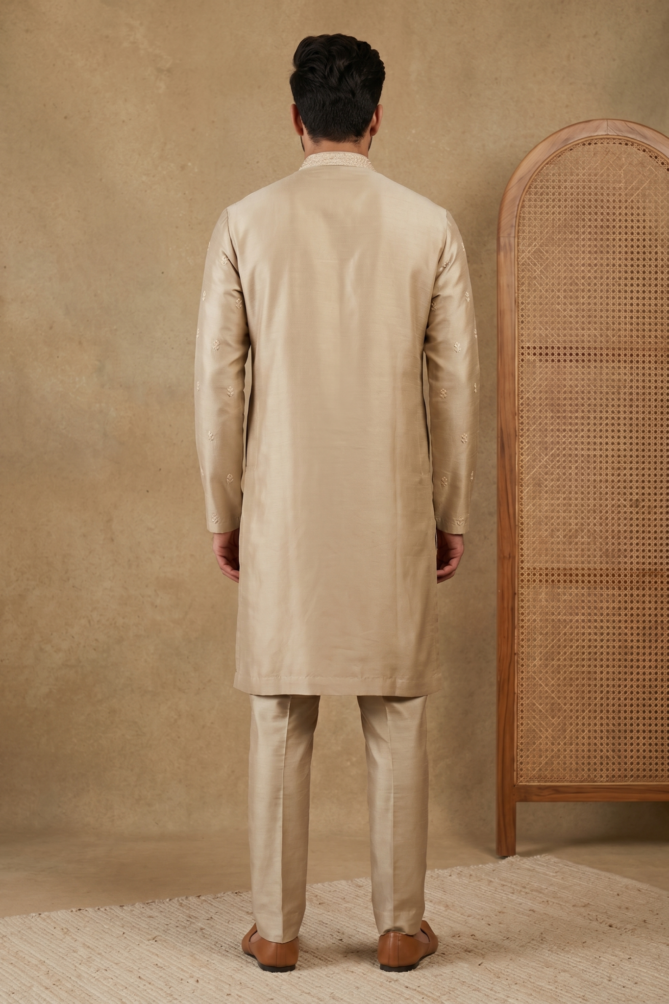 Light Gold Chanderi Silk Kurta Set with Zari Embroidery