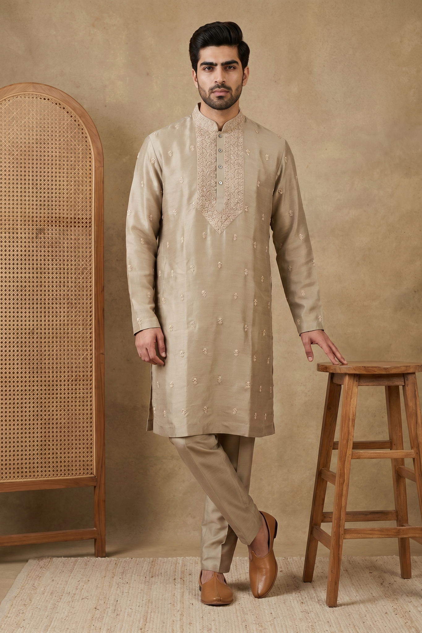 Light Gold Chanderi Silk Kurta Set with Zari Embroidery