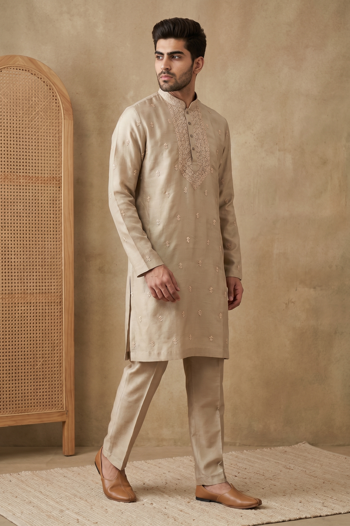 Light Gold Chanderi Silk Kurta Set with Zari Embroidery