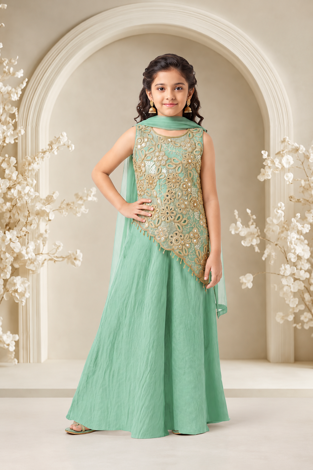 Mint Green Embroidered Girls' Sharara Set