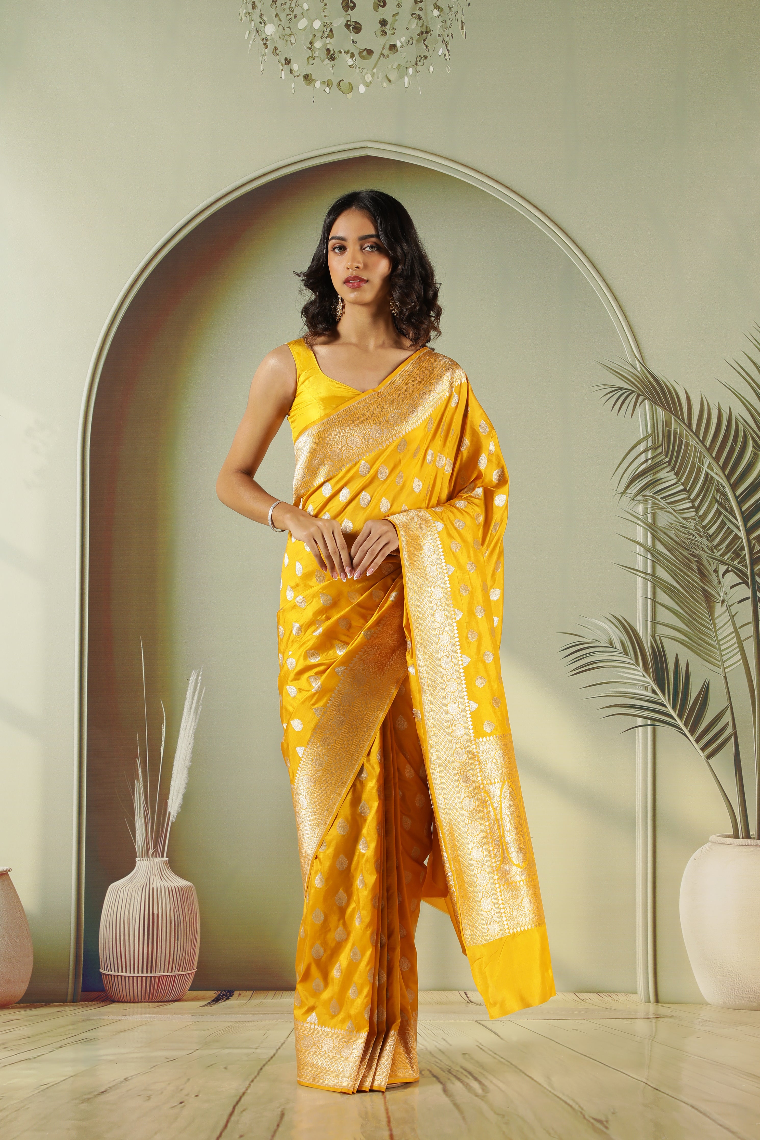 Mustard Banarasi Silk Saree with Silver Zari Butti & Traditional Border