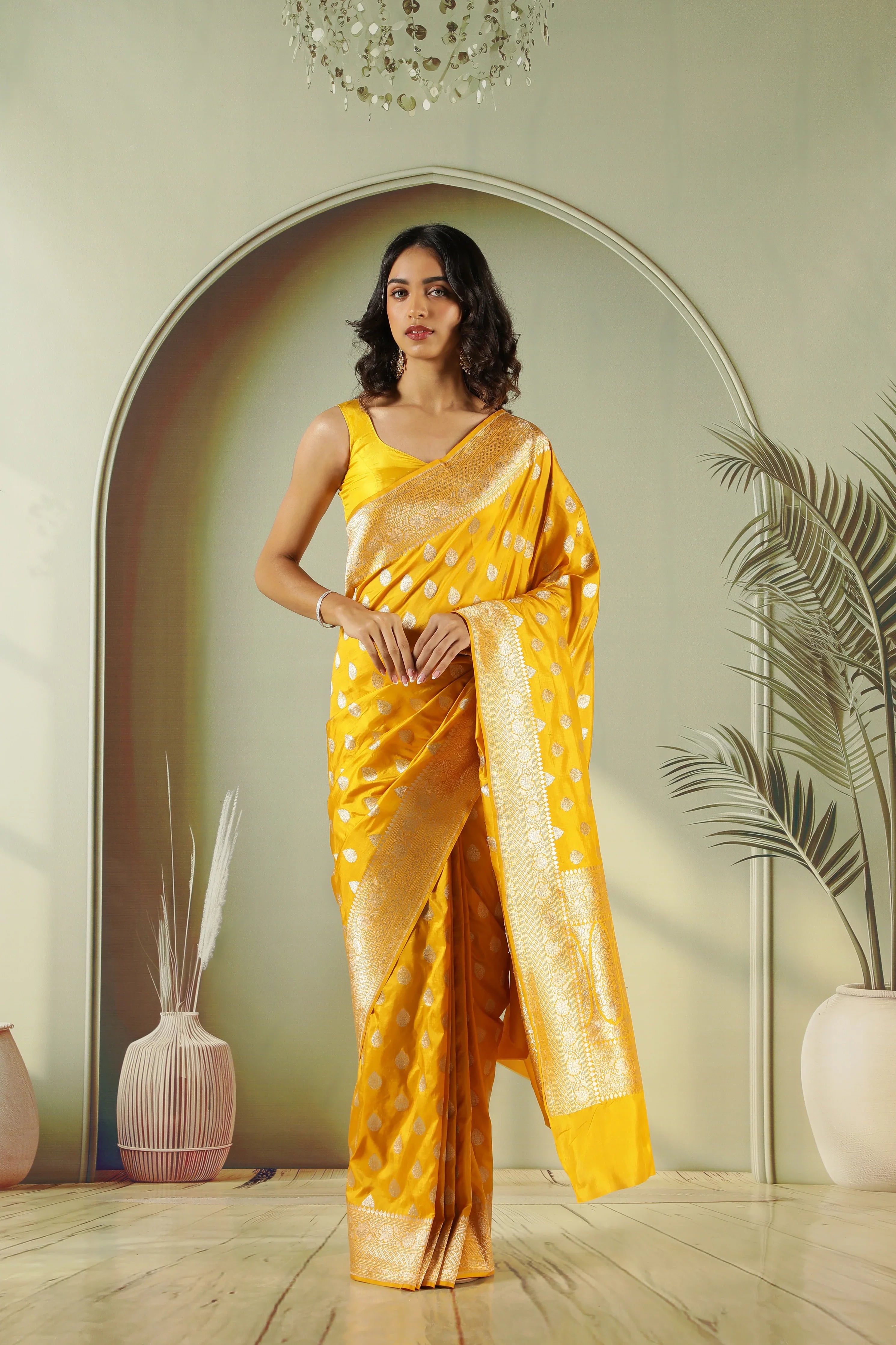 Mustard Banarasi Silk Saree with Silver Zari Butti & Traditional Border | Mokshaa