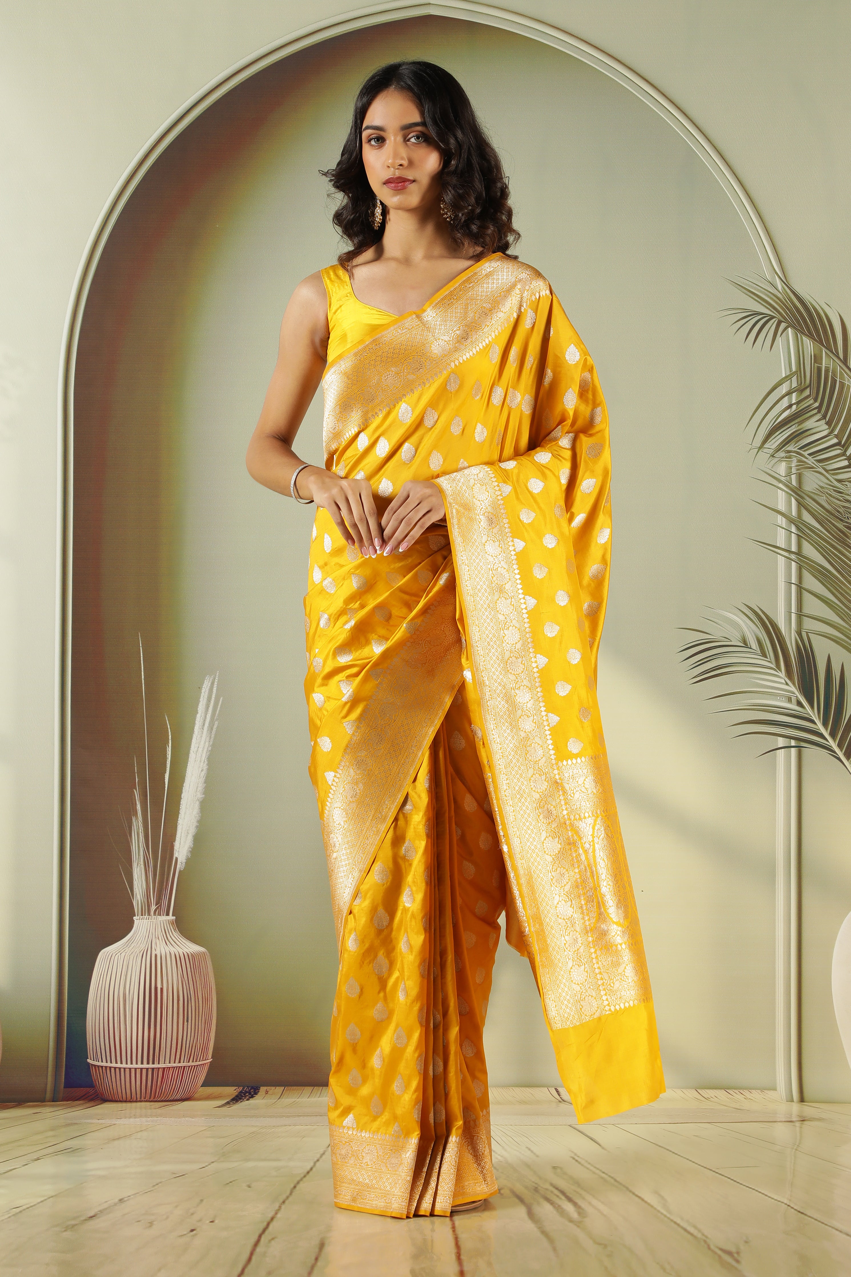 Mustard Banarasi Silk Saree with Silver Zari Butti & Traditional Border