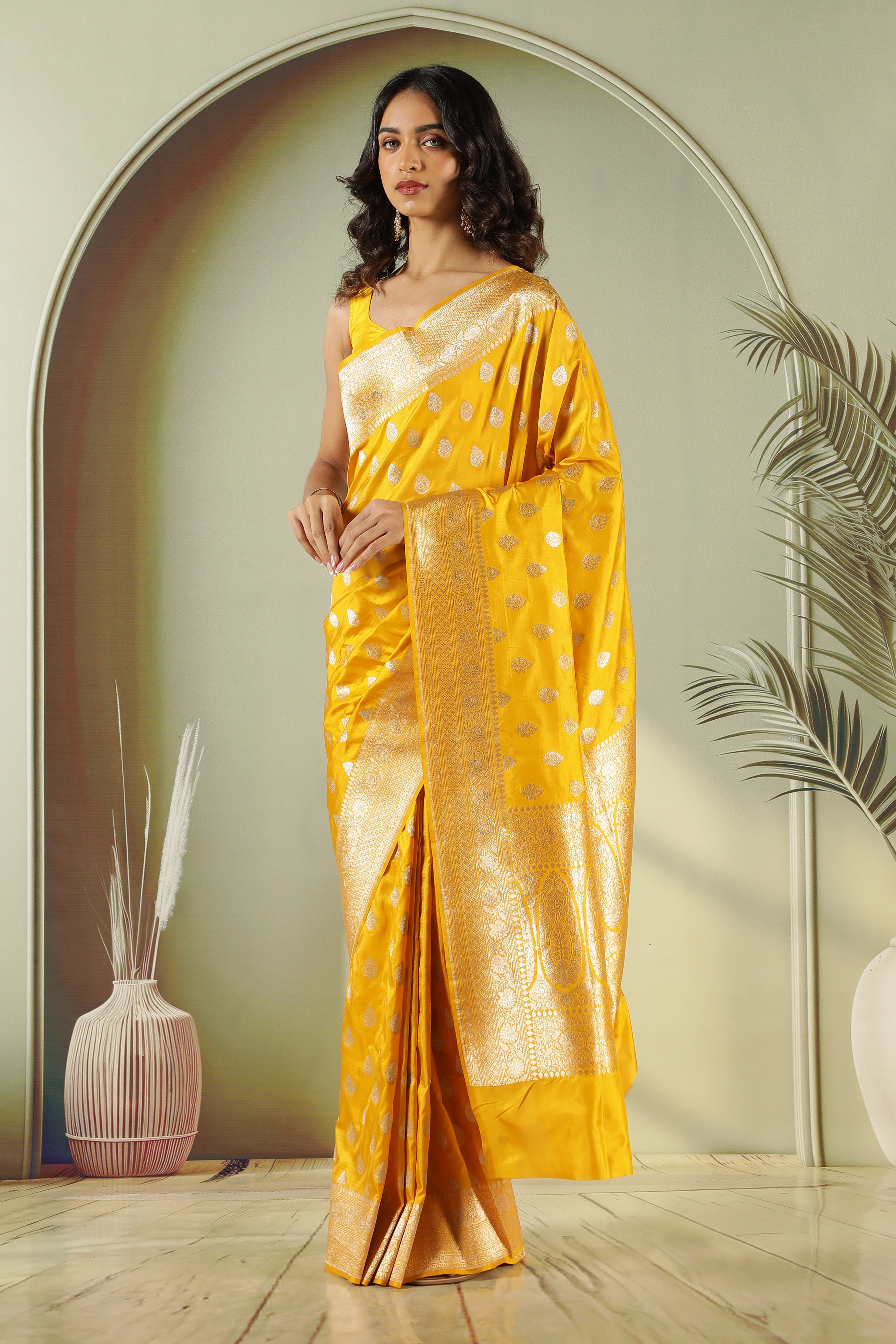 Mustard Banarasi Silk Saree with Silver Zari Butti & Traditional Border