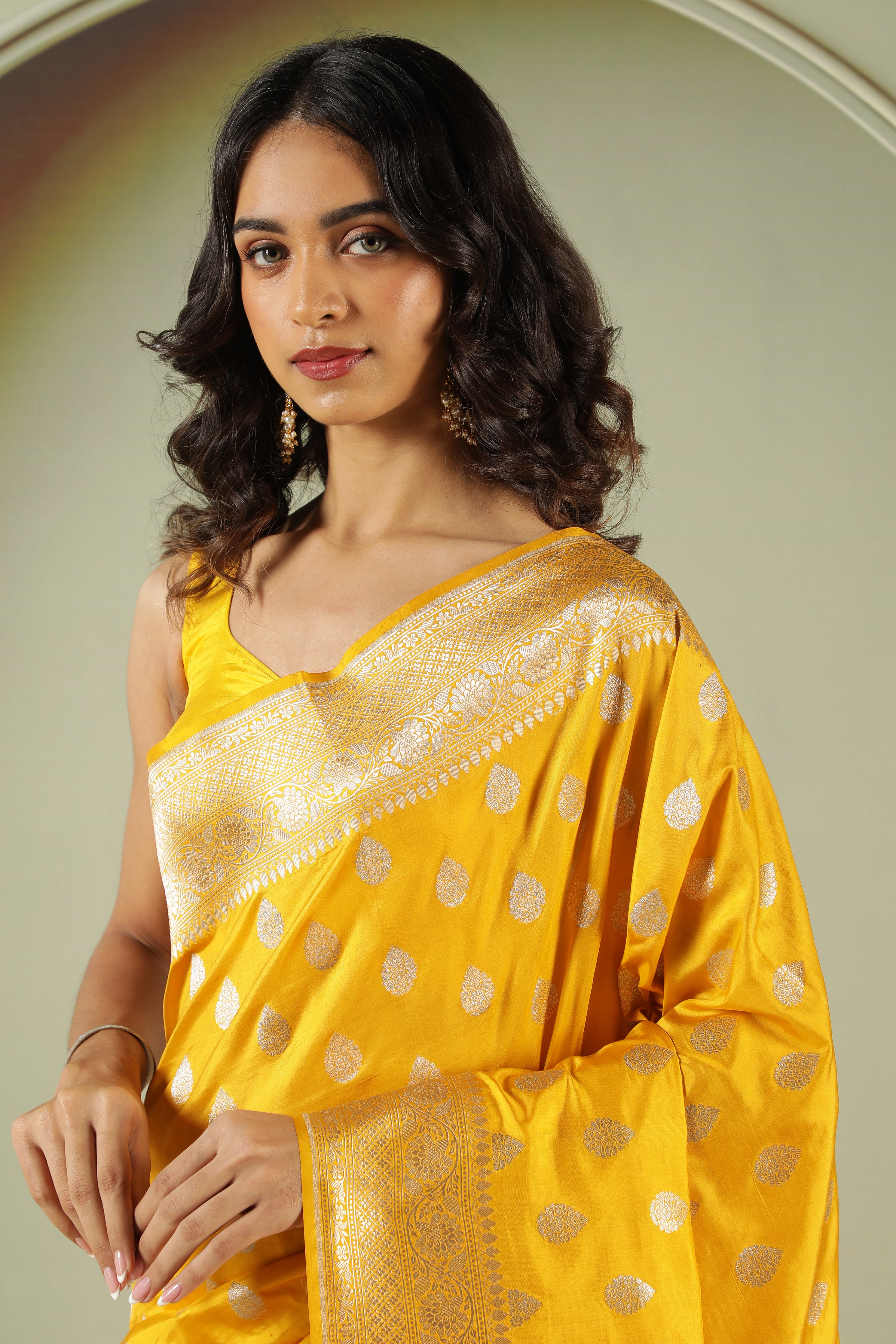 Mustard Banarasi Silk Saree with Silver Zari Butti & Traditional Border