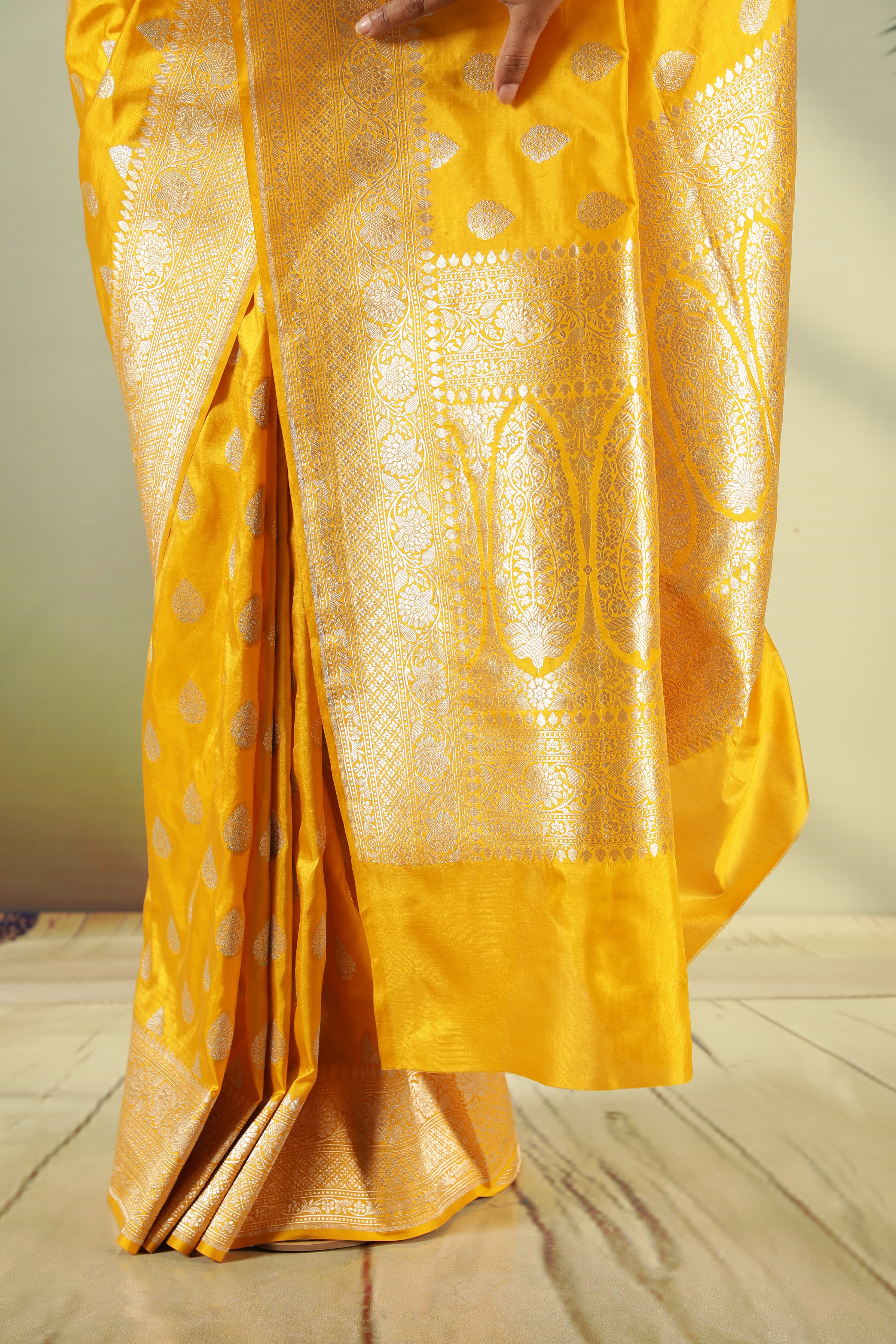 Mustard Banarasi Silk Saree with Silver Zari Butti & Traditional Border