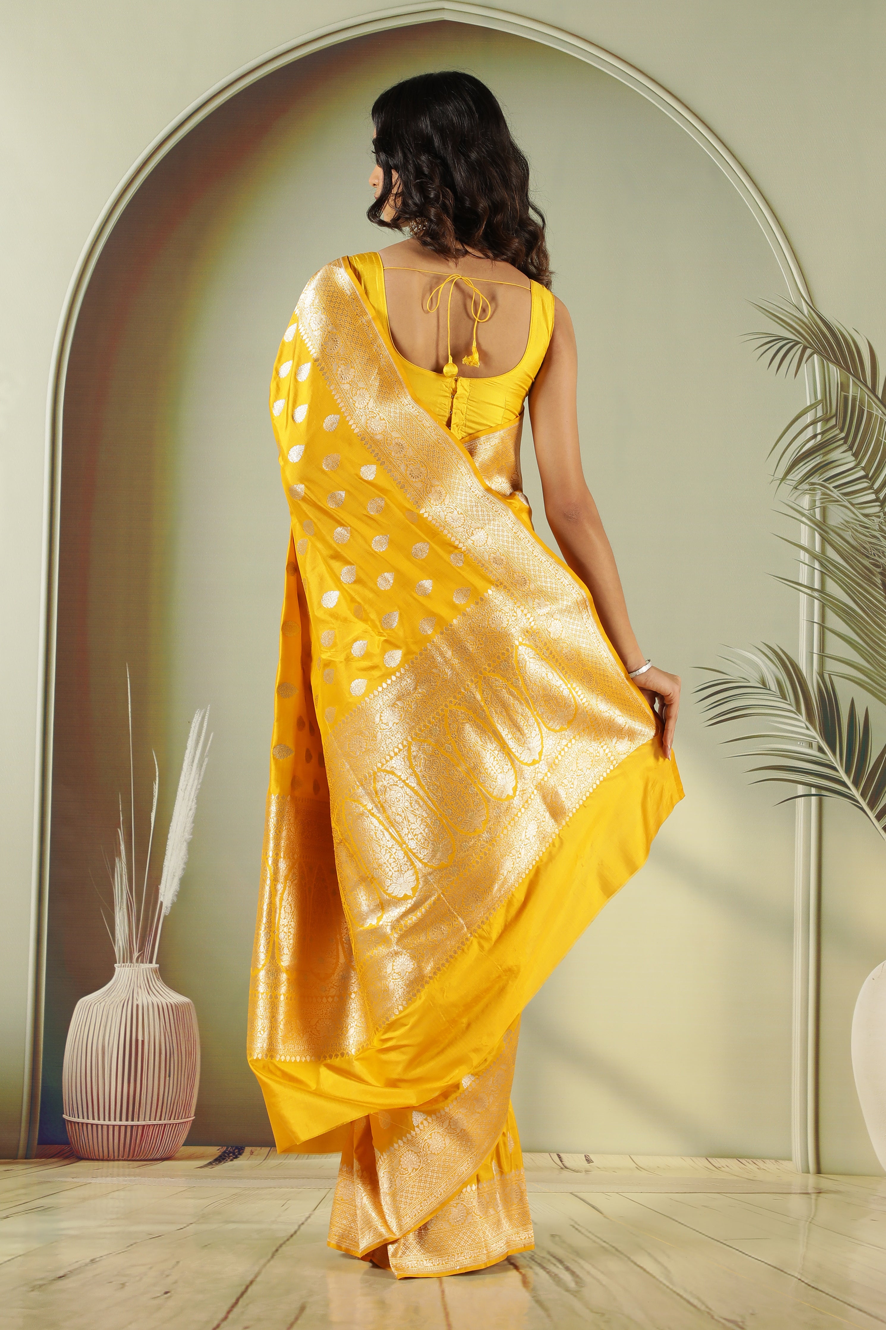 Mustard Banarasi Silk Saree with Silver Zari Butti & Traditional Border