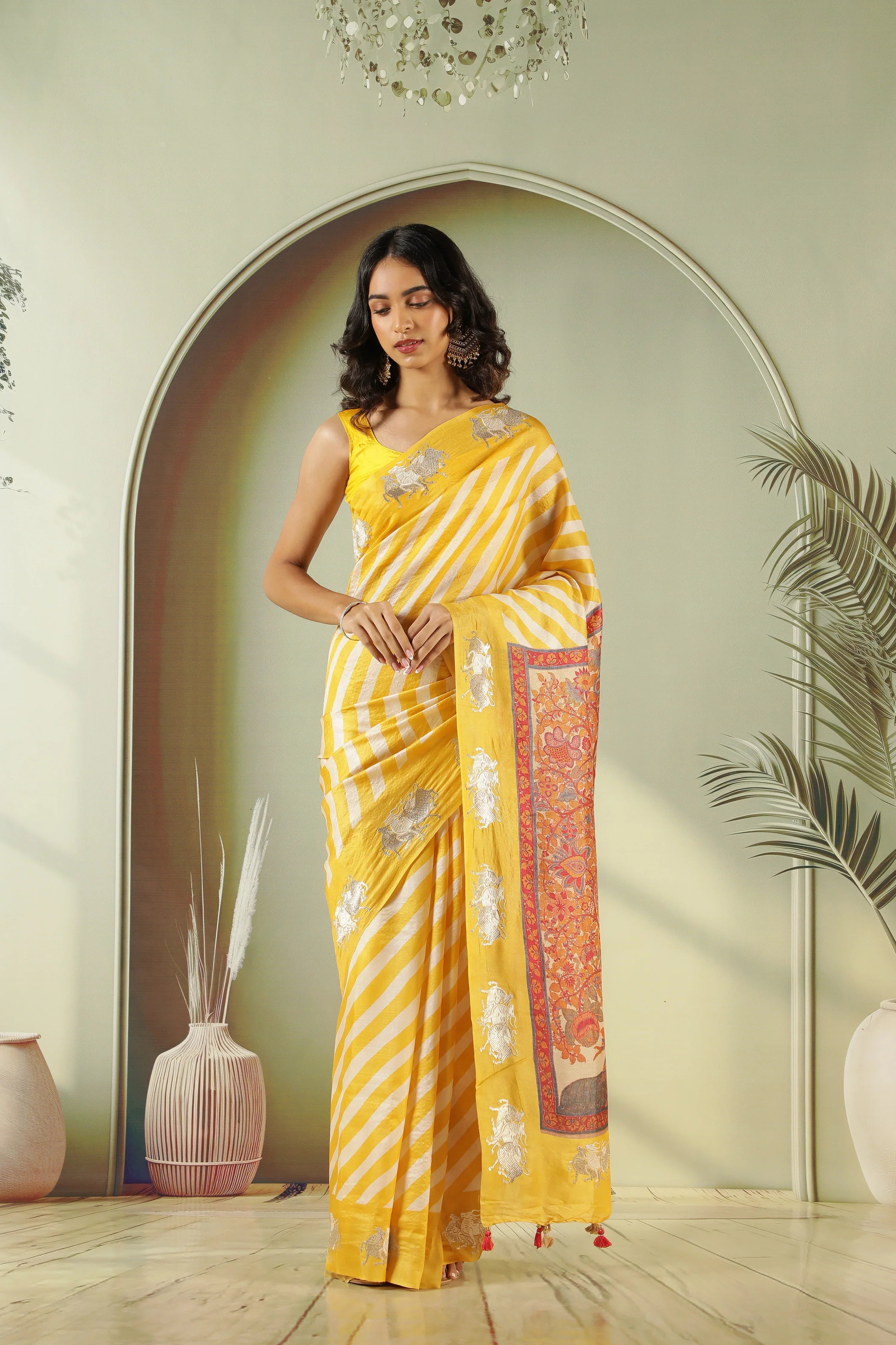 Yellow Off White Tussar Silk Saree with Zari Butta | Mokshaa