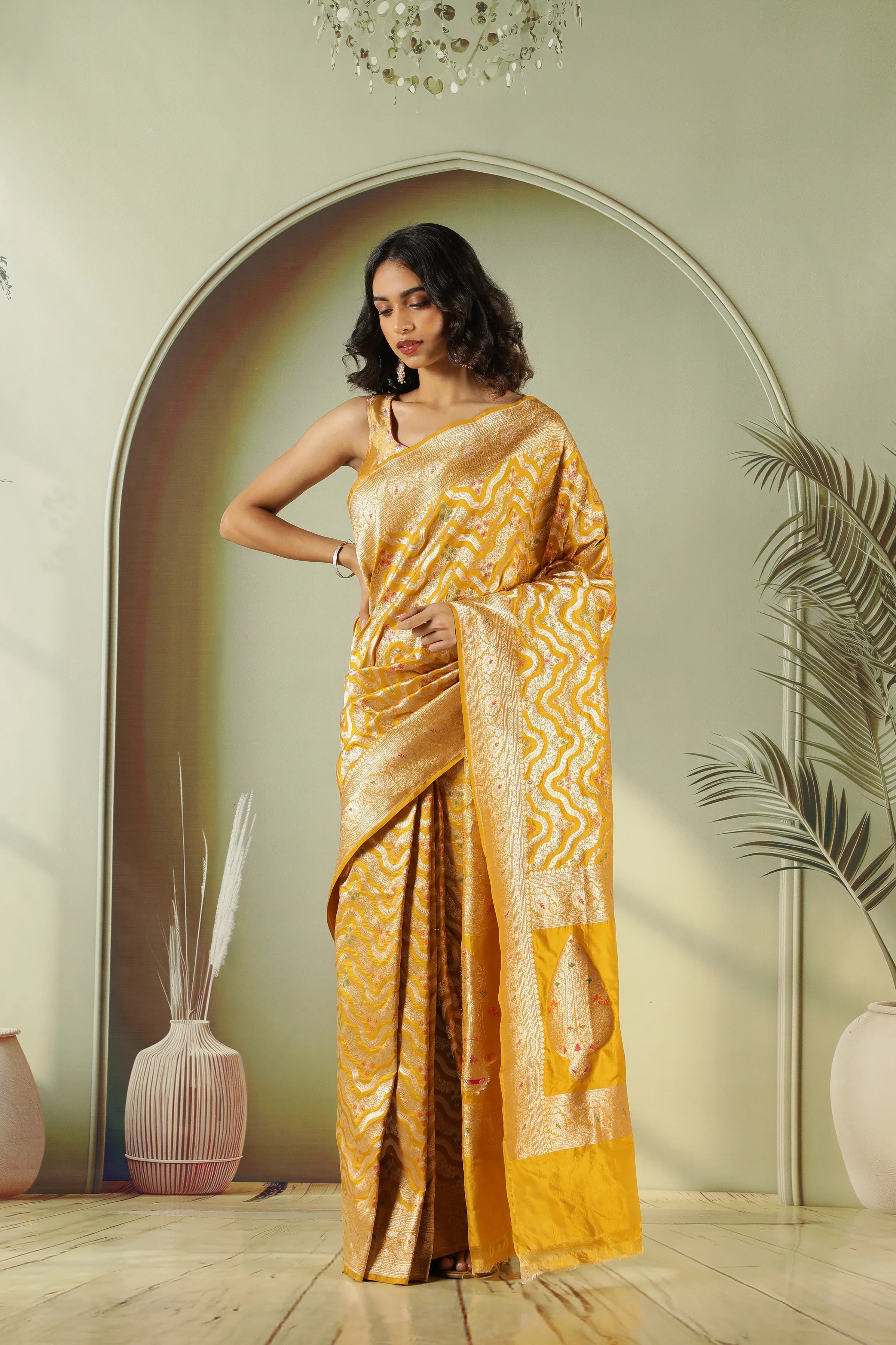 Mustard Banarasi Silk Saree with Zari Weaving & Multicolor Thread Butti | Mokshaa
