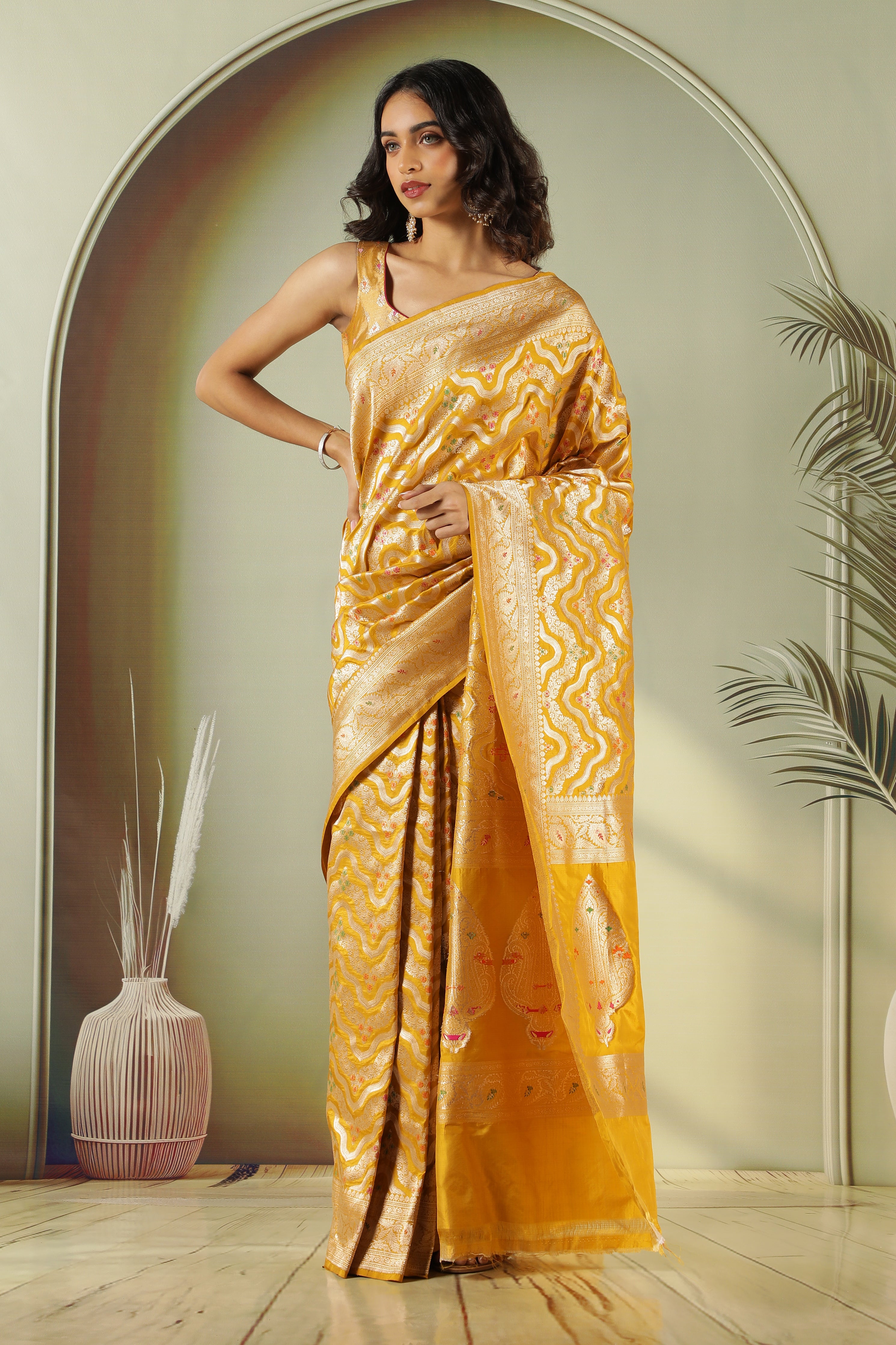 Mustard Banarasi Silk Saree with Zari Weaving & Multicolor Thread Butti