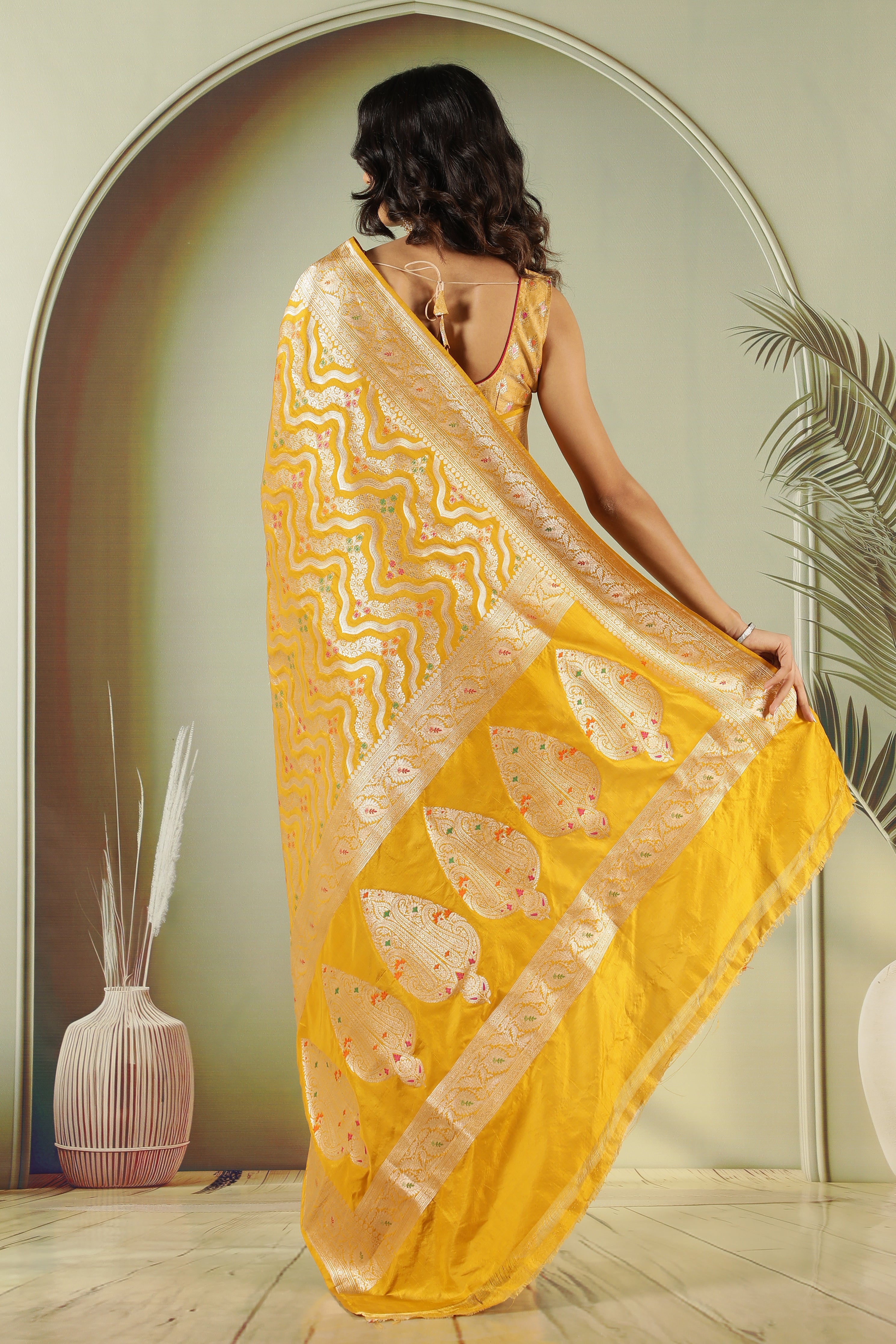 Mustard Banarasi Silk Saree with Zari Weaving & Multicolor Thread Butti