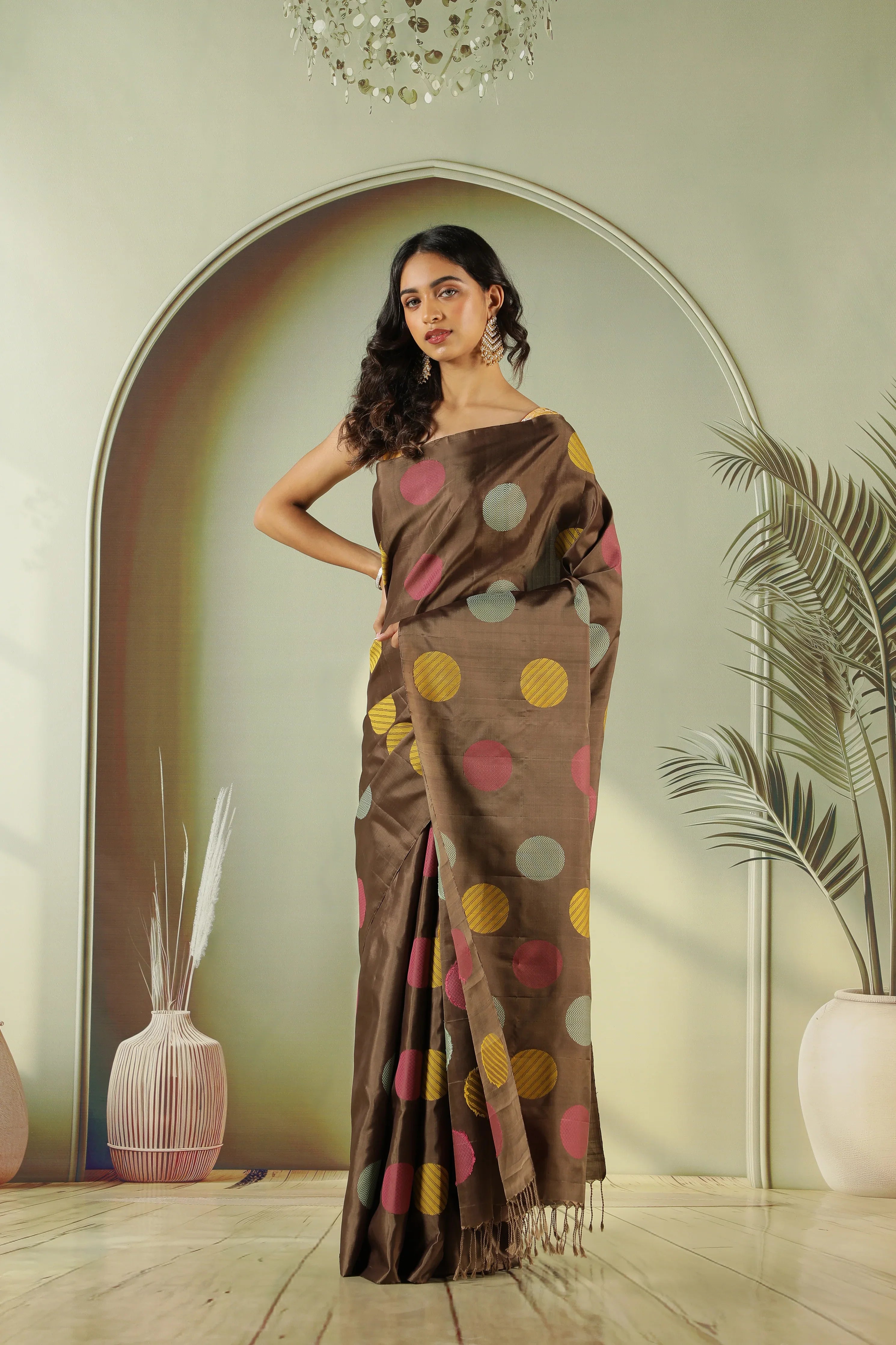 Brown Soft Silk Saree with Multi-Color Coin Butta | Mokshaa