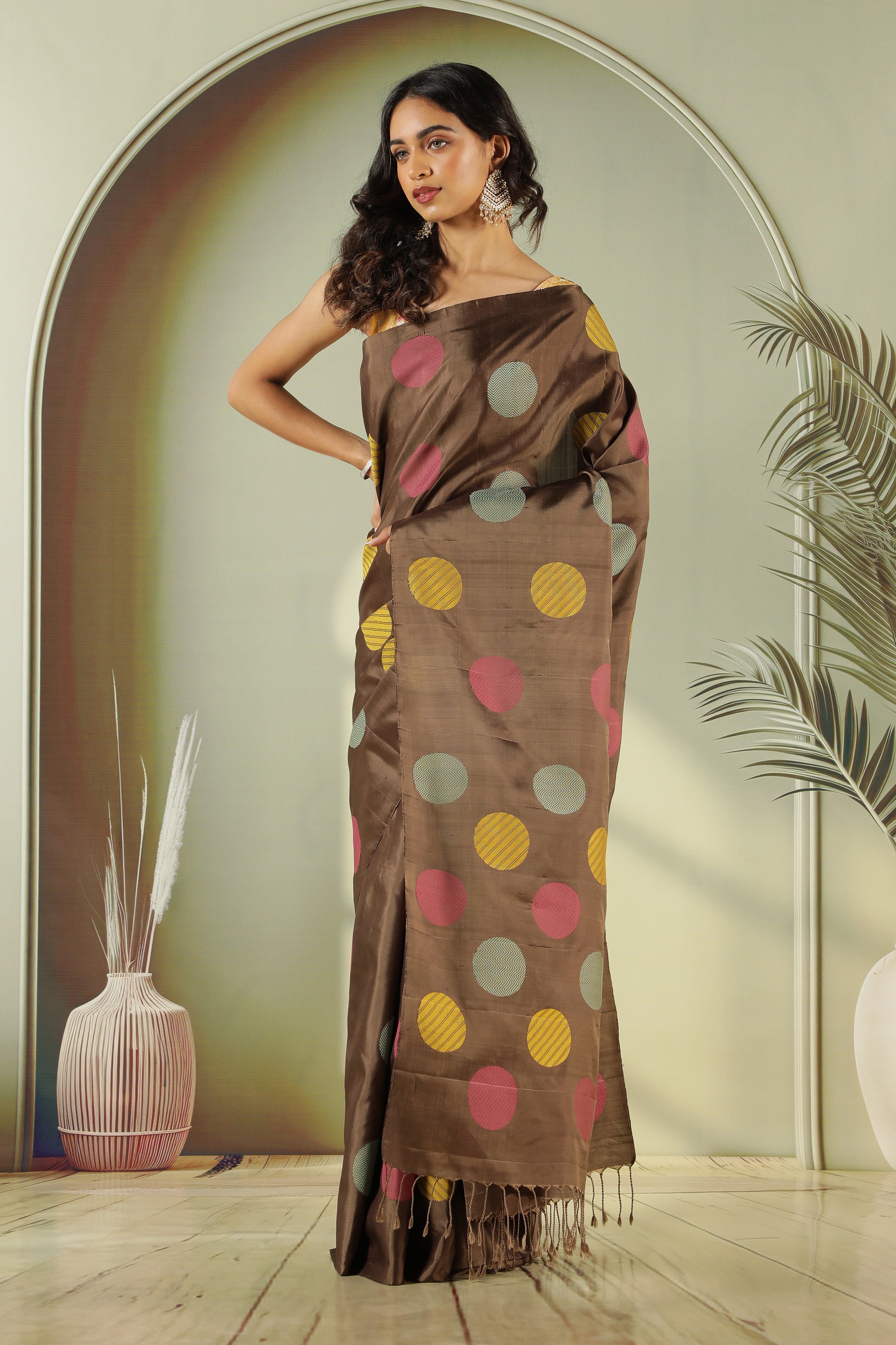 Brown Soft Silk Saree with Multi-Color Coin Butta