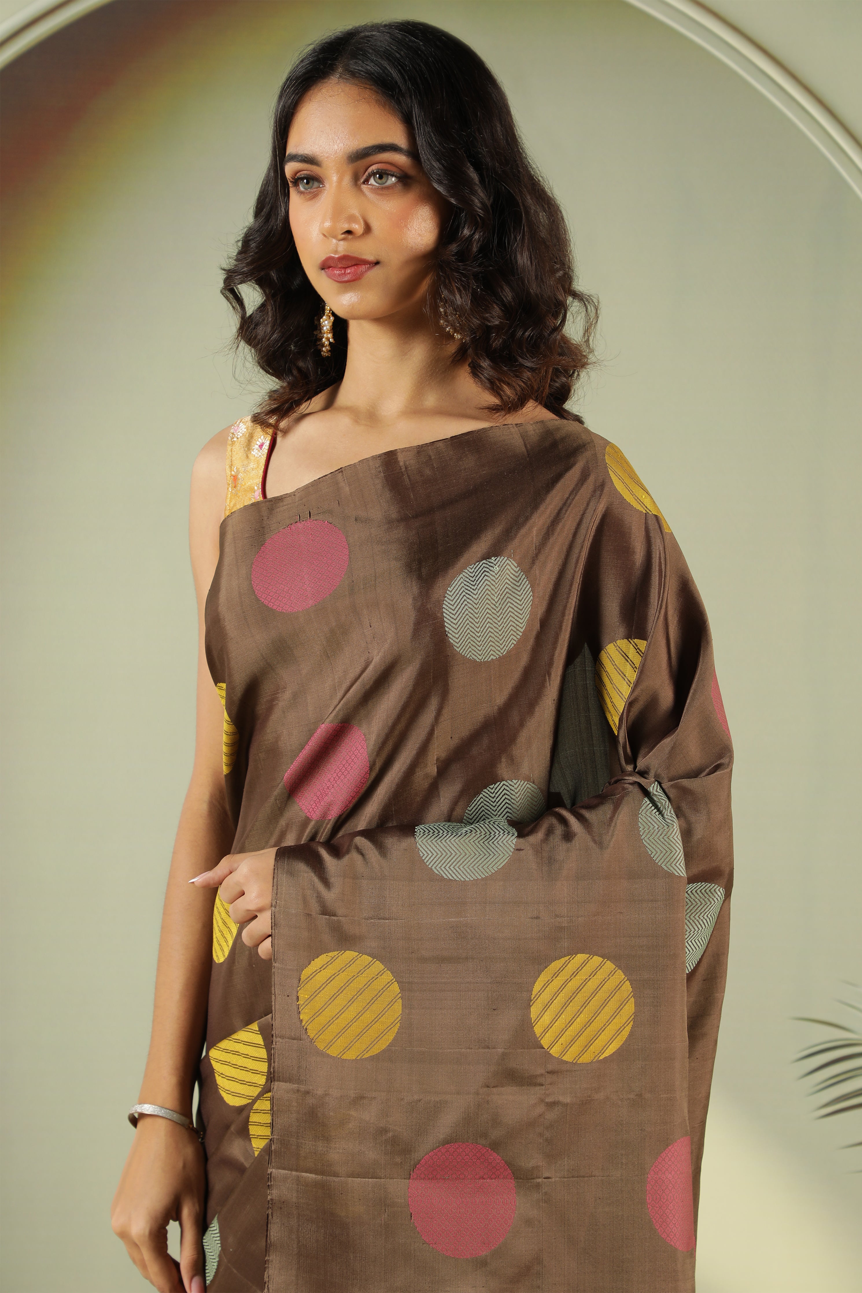 Brown Soft Silk Saree with Multi-Color Coin Butta