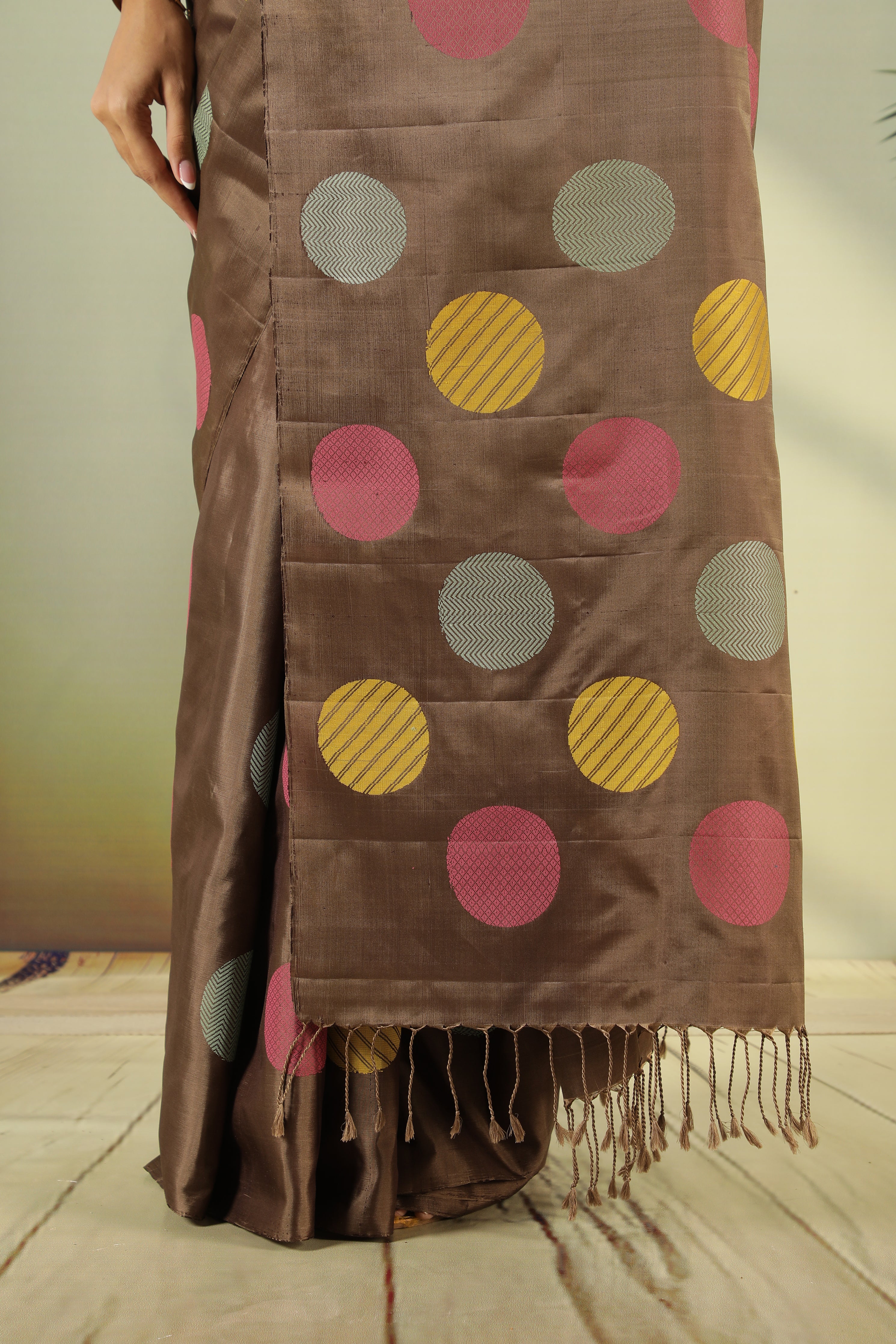 Brown Soft Silk Saree with Multi-Color Coin Butta