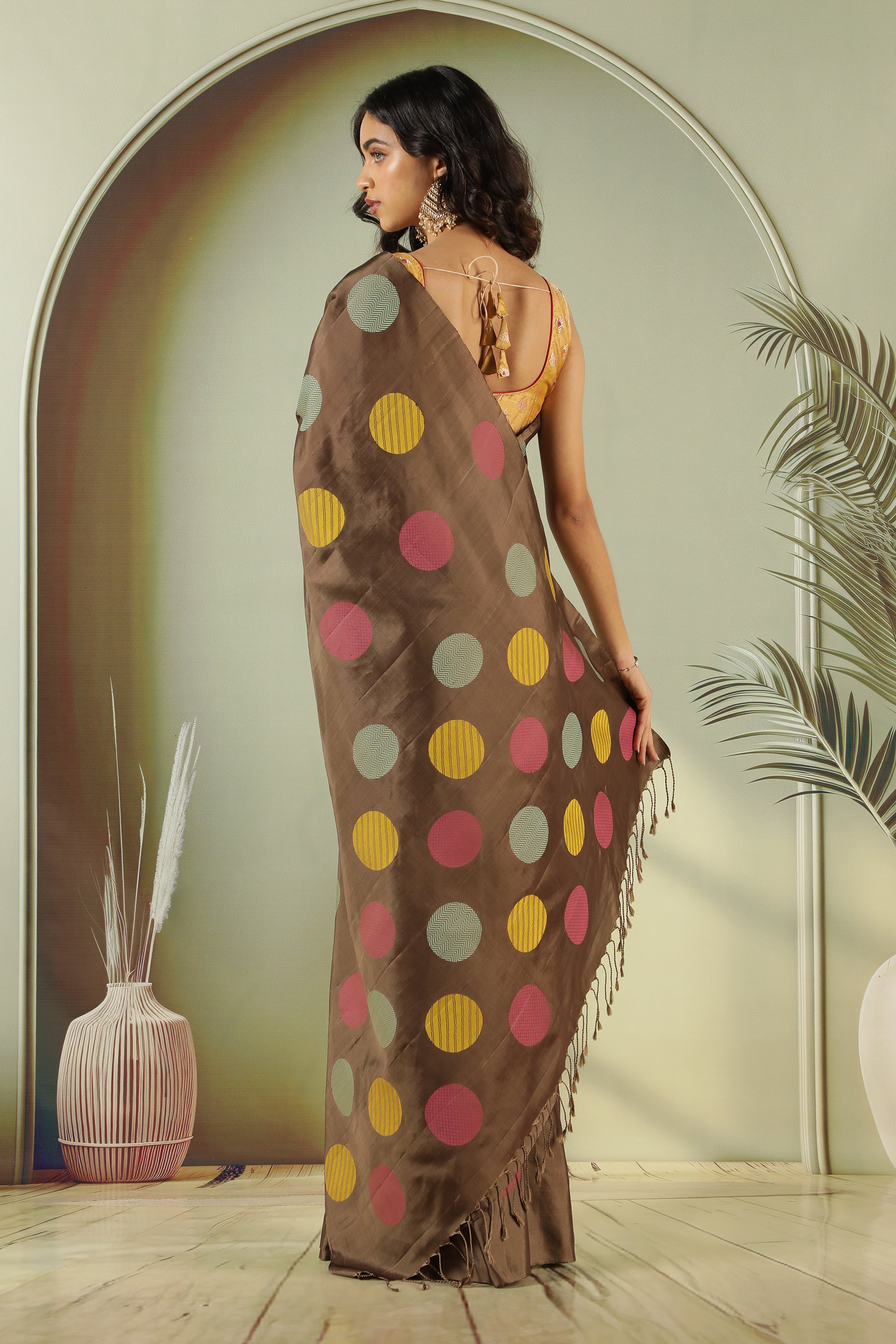 Brown Soft Silk Saree with Multi-Color Coin Butta