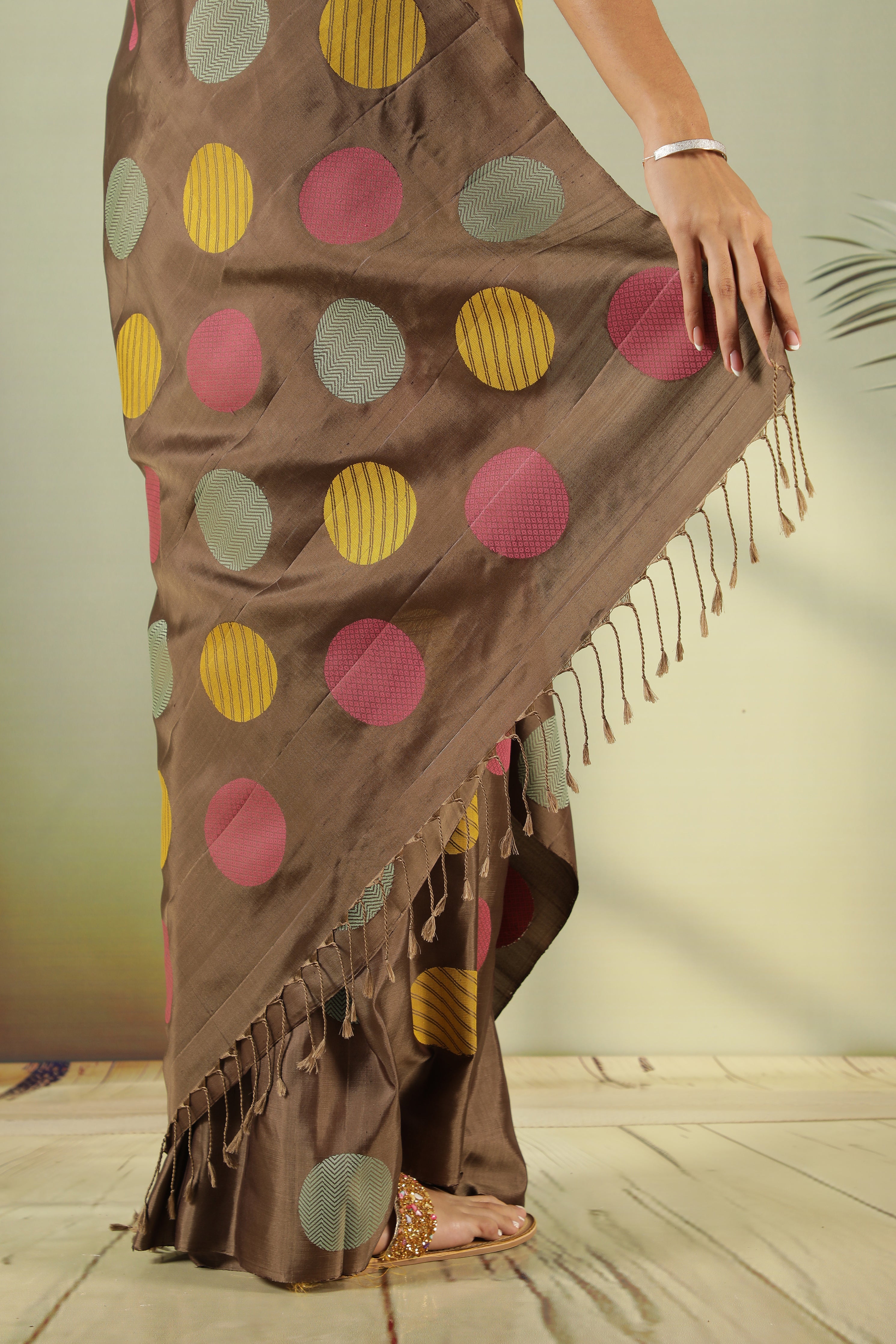Brown Soft Silk Saree with Multi-Color Coin Butta