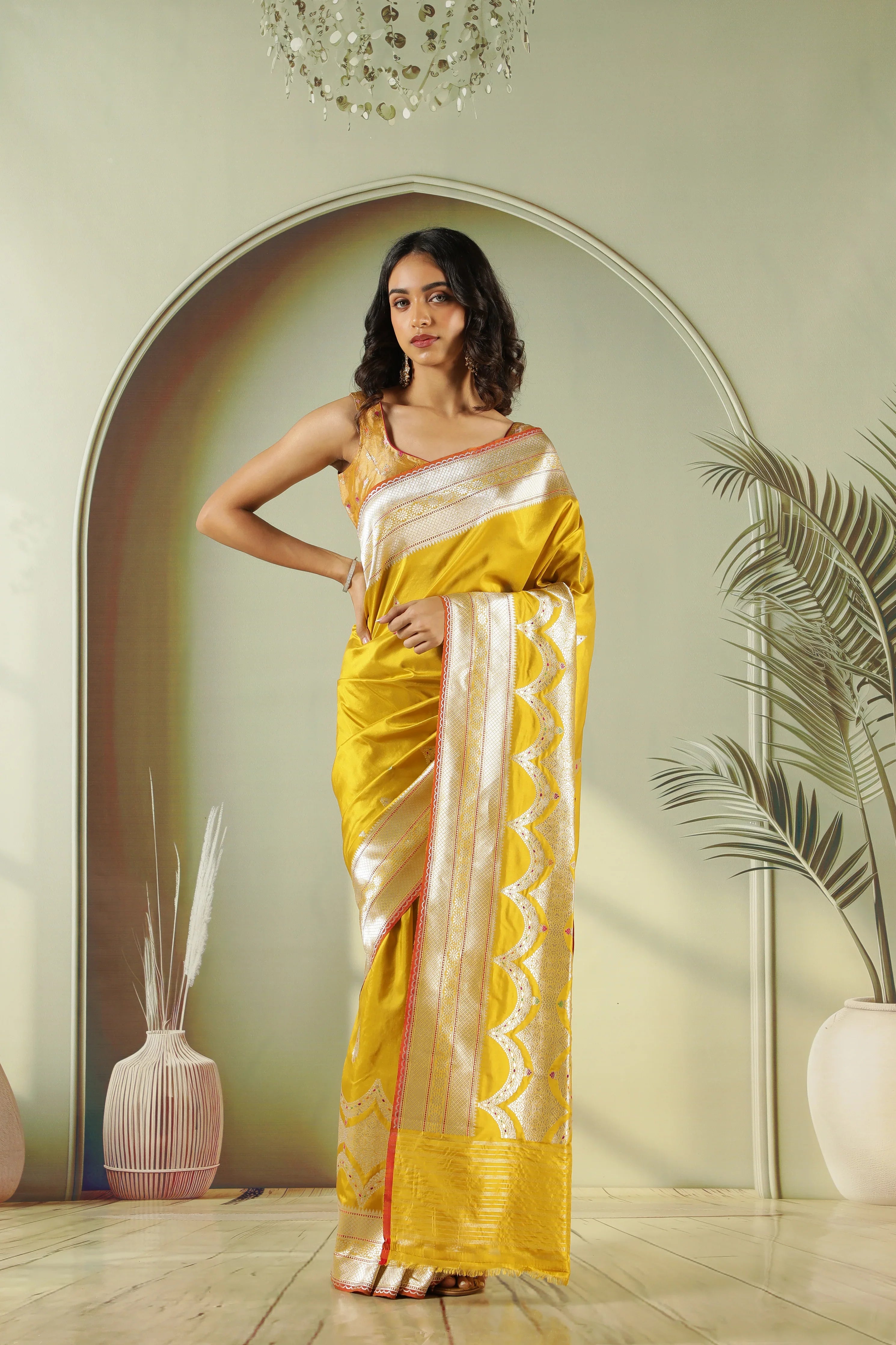 Mustard Banarasi Silk Saree with Fancy Butti & Contrast Blouse | Mokshaa