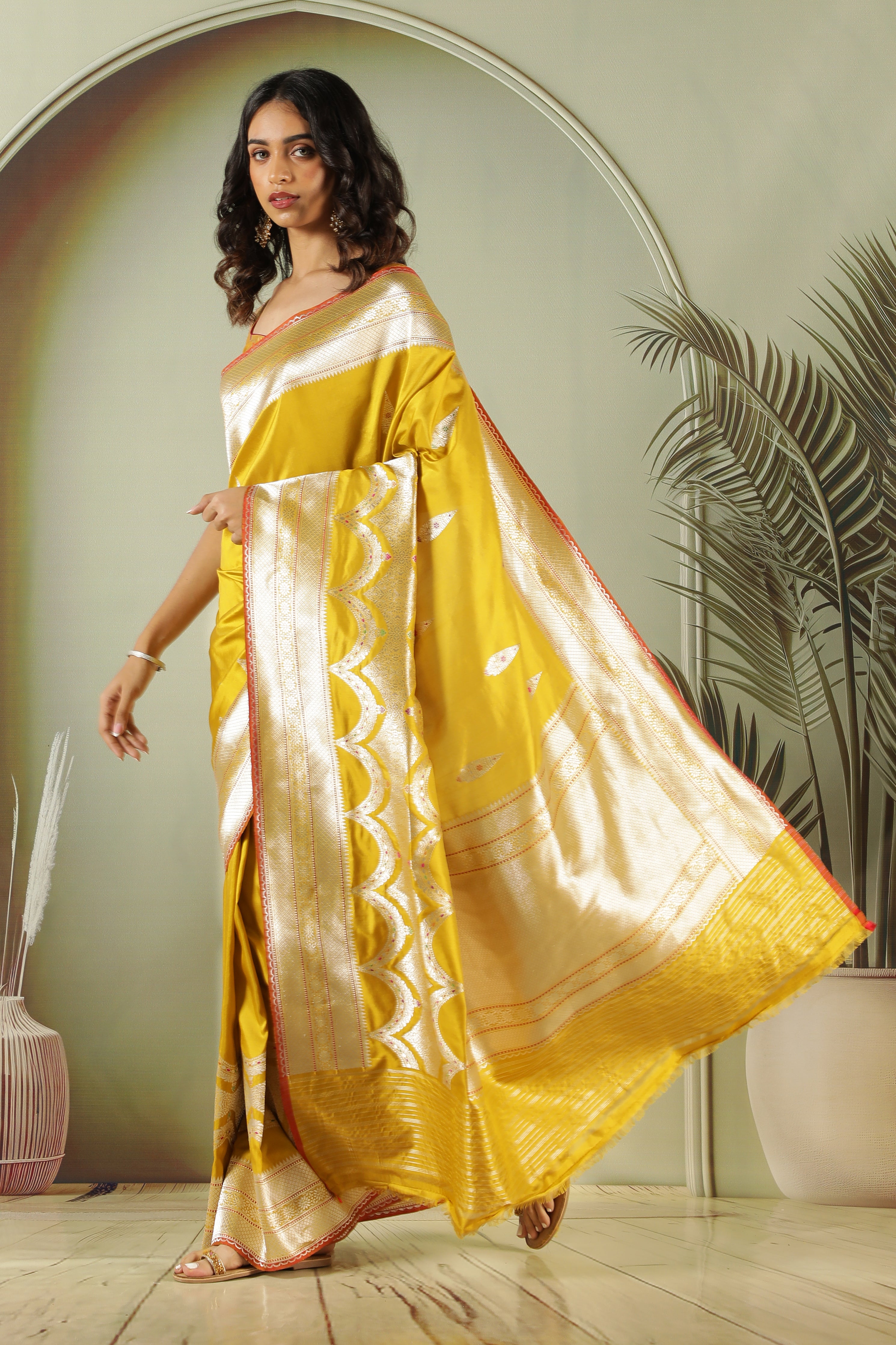 Mustard Banarasi Silk Saree with Fancy Butti & Contrast Blouse