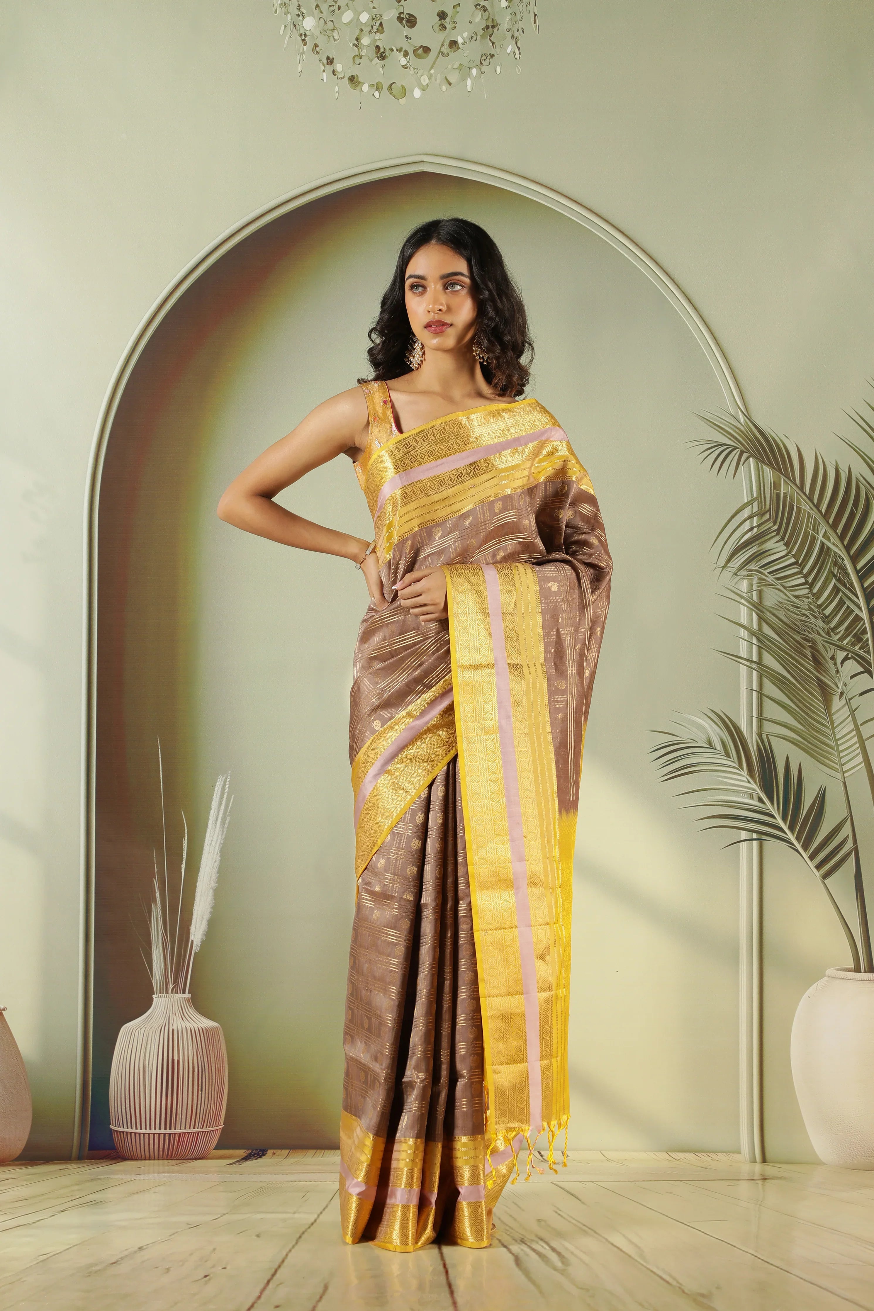 Light Brown Soft Silk Saree with Contrast Yellow Pallu | Mokshaa