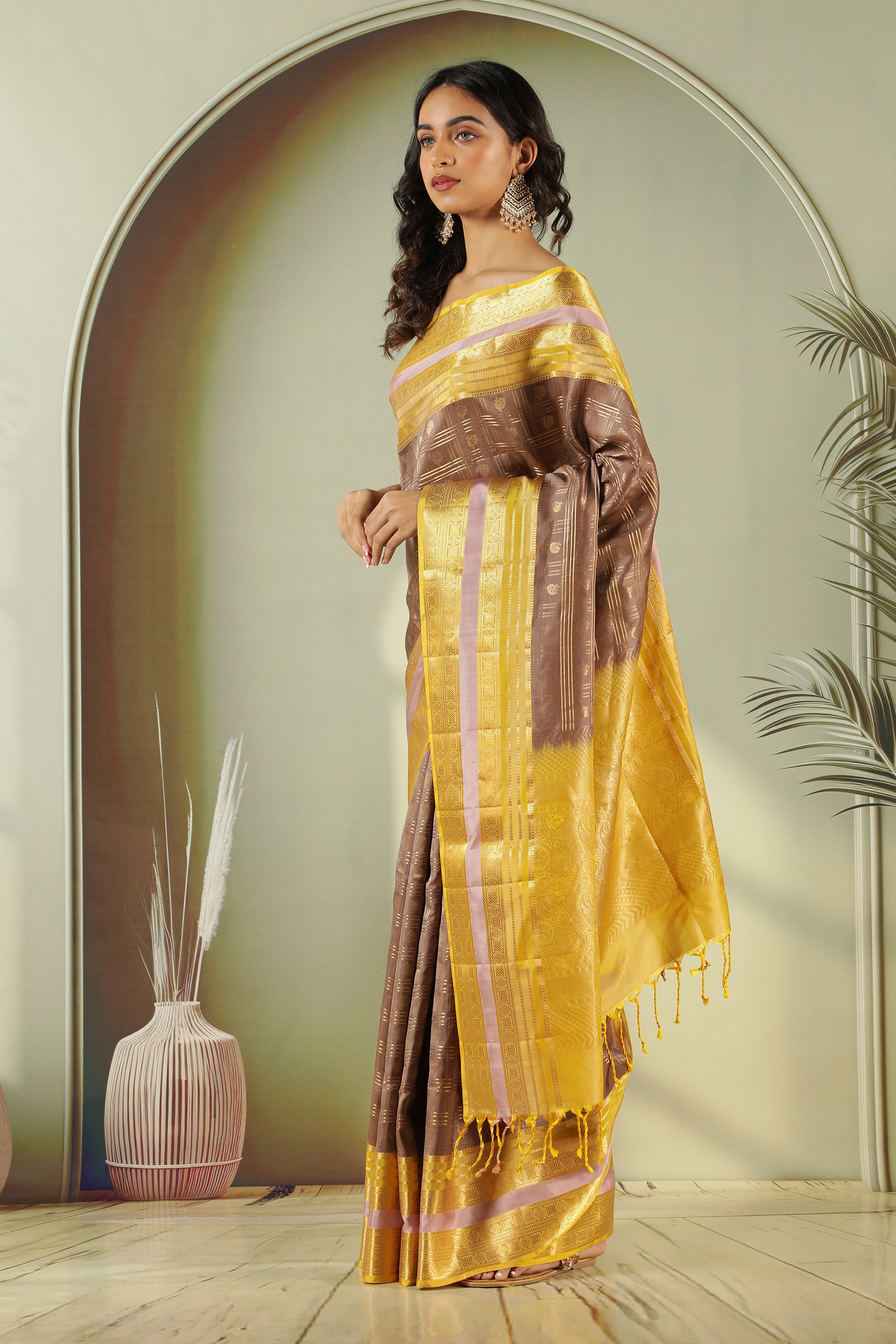Light Brown Soft Silk Saree with Contrast Yellow Pallu