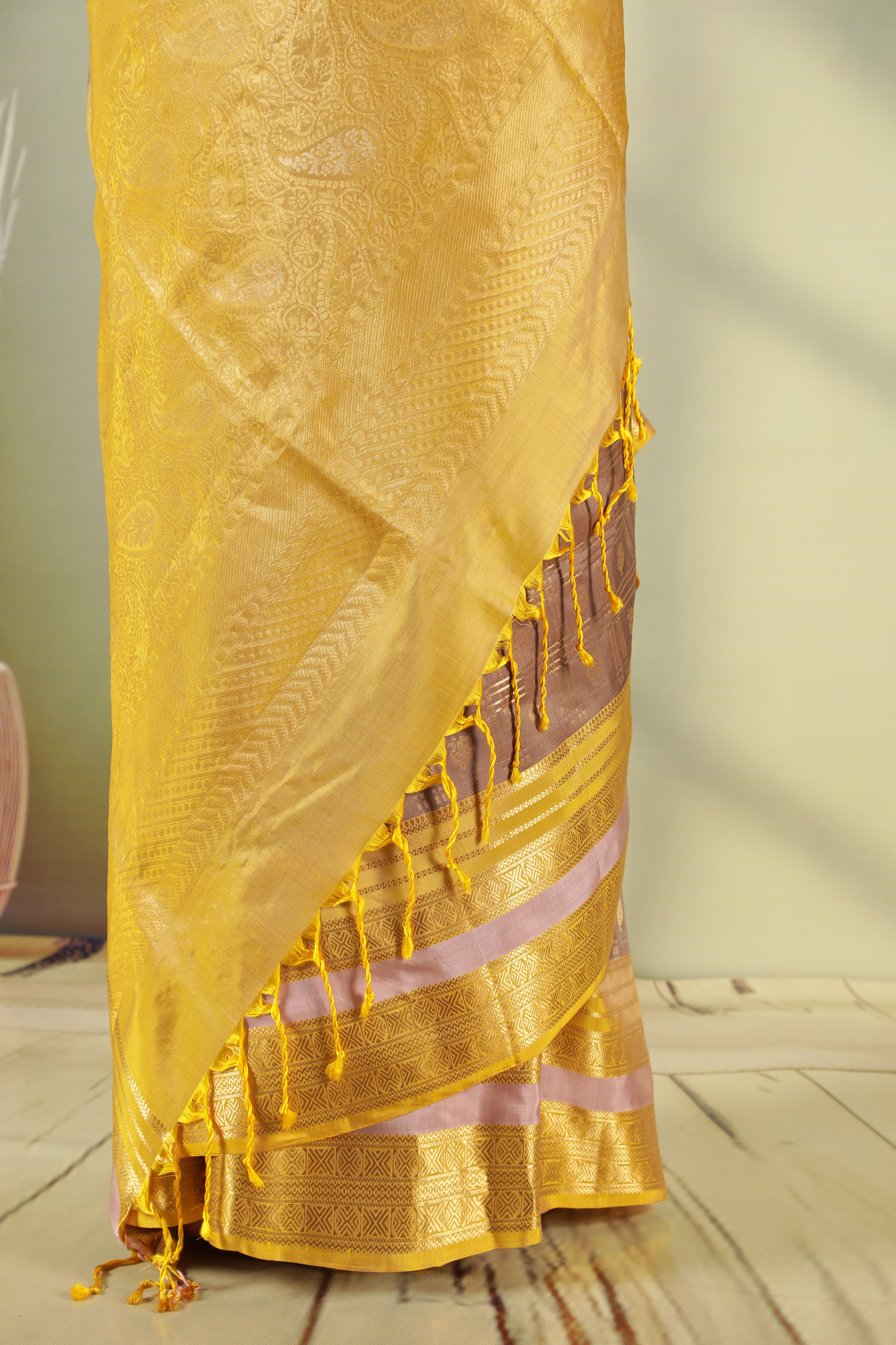 Light Brown Soft Silk Saree with Contrast Yellow Pallu