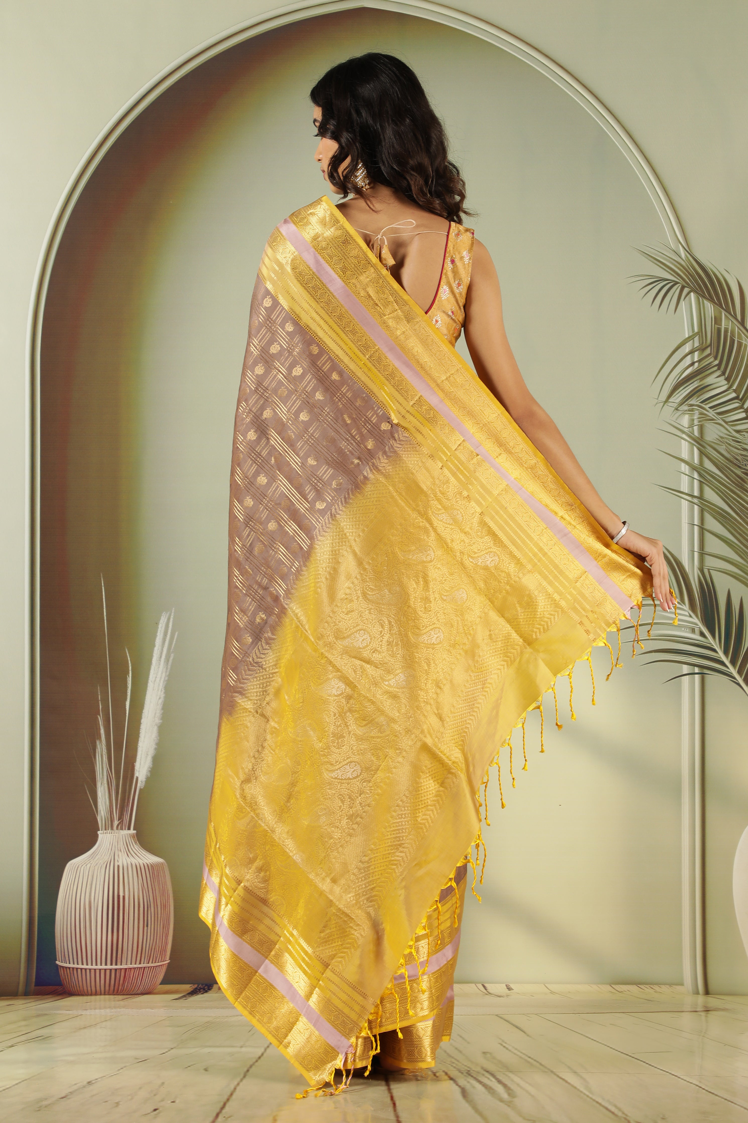 Light Brown Soft Silk Saree with Contrast Yellow Pallu