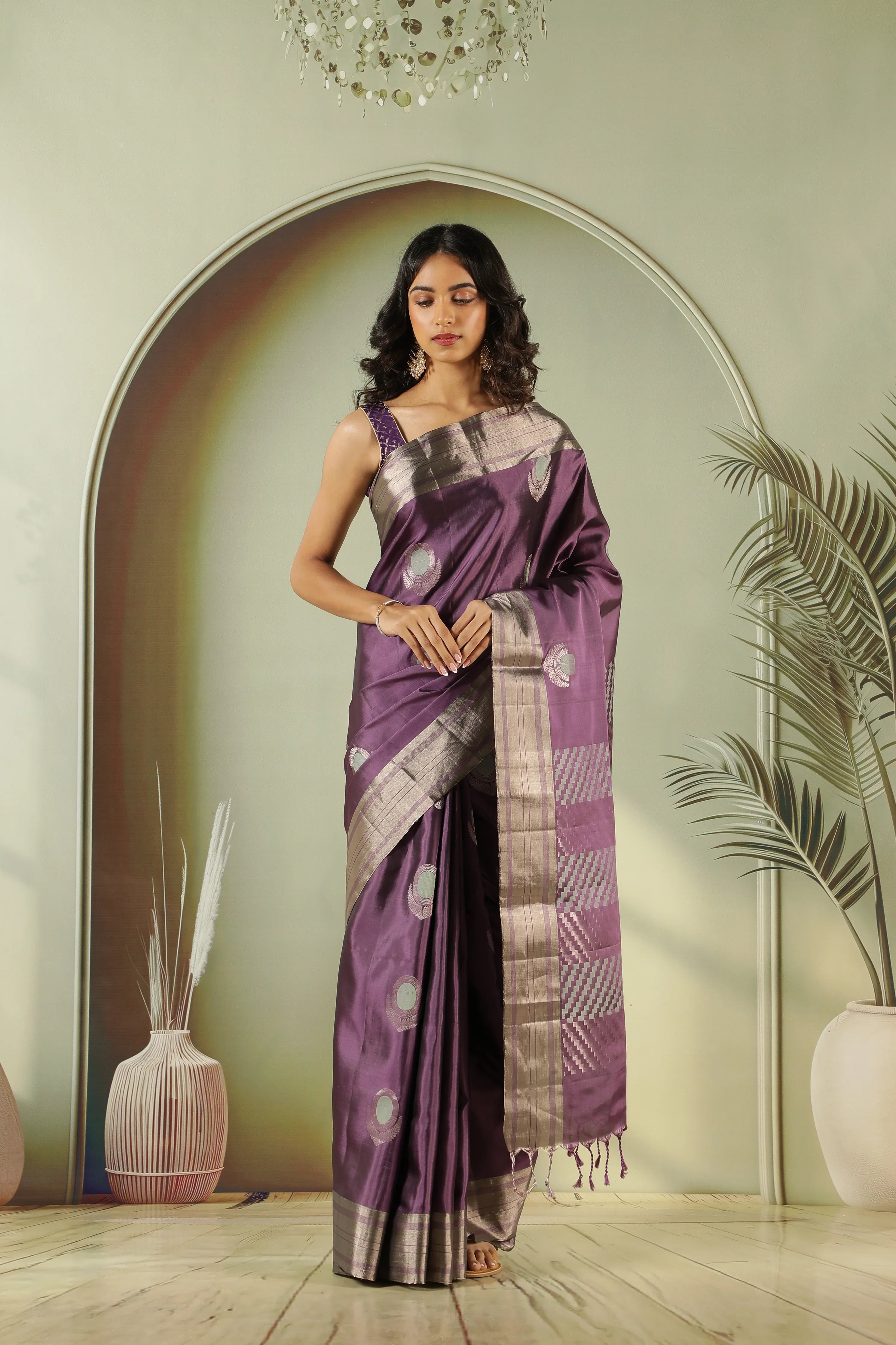 Purple Soft Silk Saree with Fancy Buttas & Zari Border | Mokshaa
