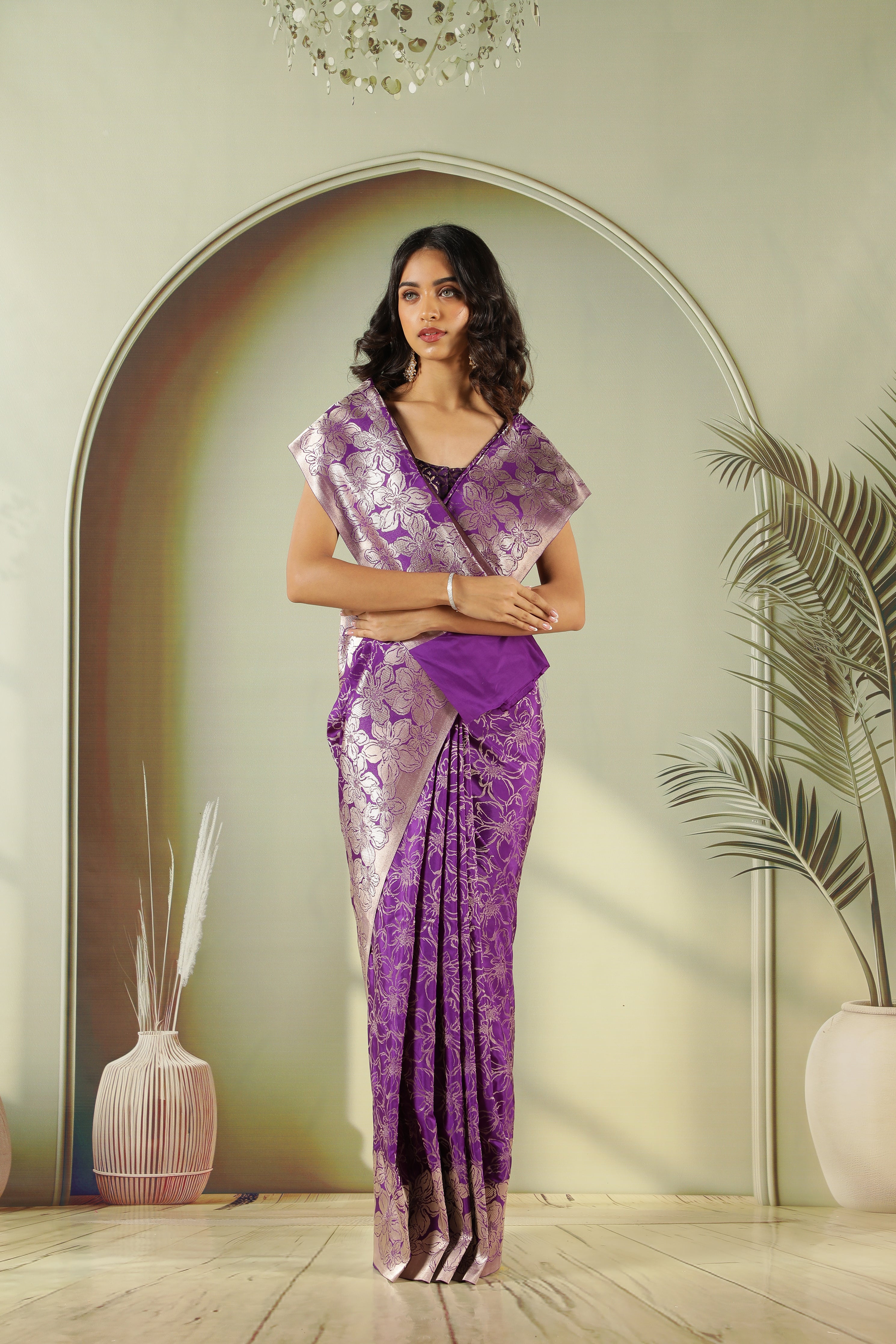 Purple Banarasi Silk Saree with Intricate Zari Weaving Jaal & Traditional Border