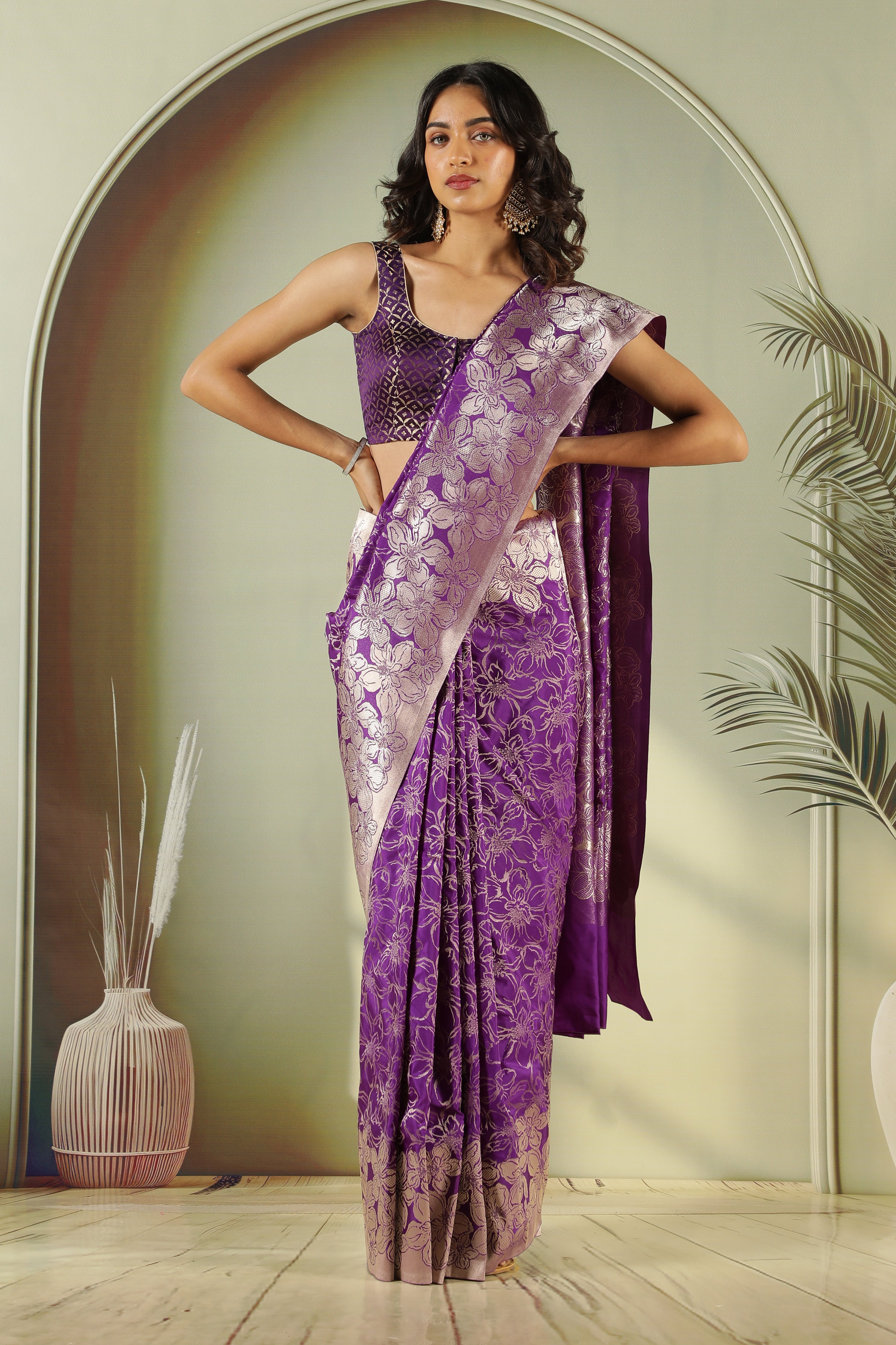 Purple Banarasi Silk Saree with Intricate Zari Weaving Jaal & Traditional Border