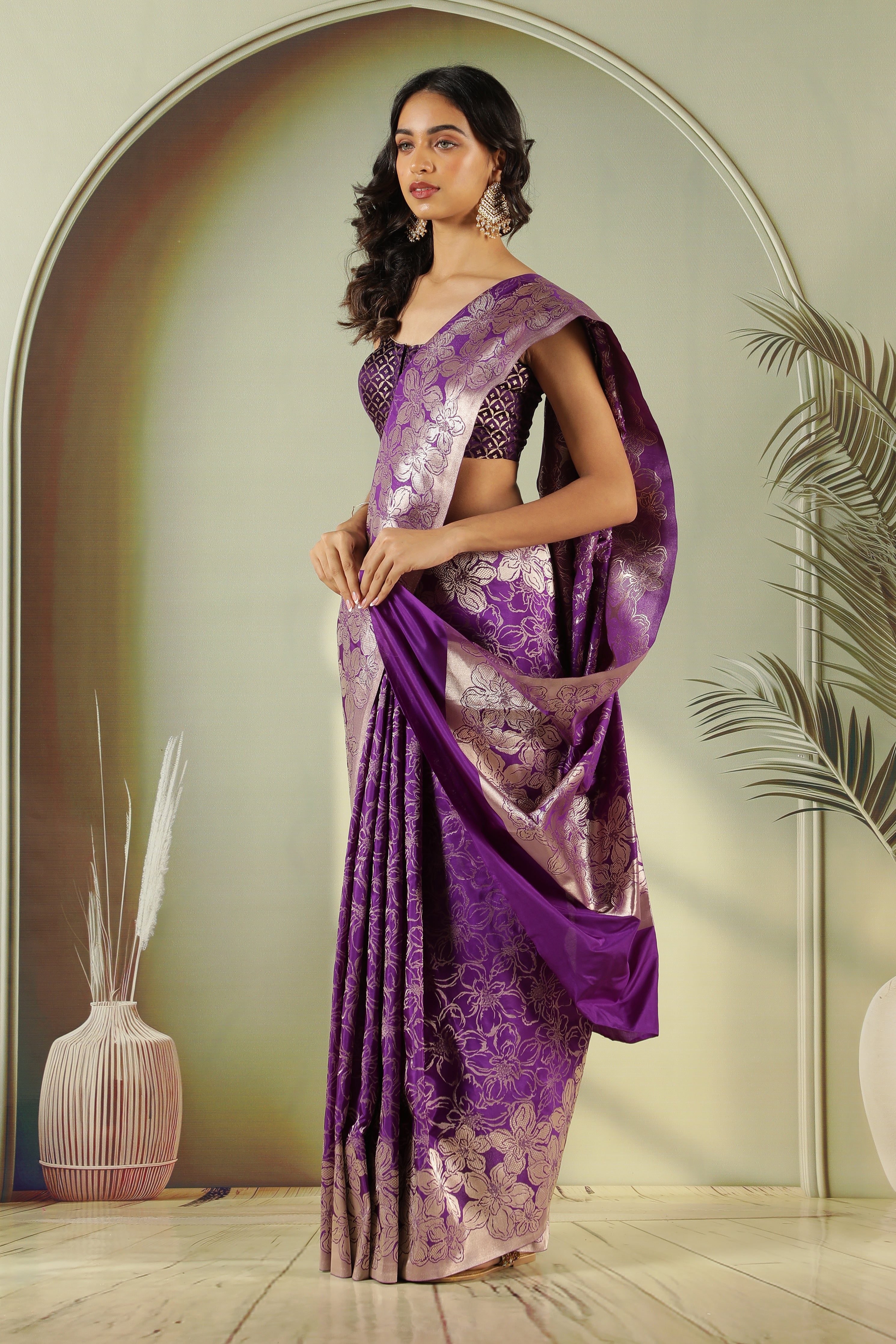 Purple Banarasi Silk Saree with Intricate Zari Weaving Jaal & Traditional Border