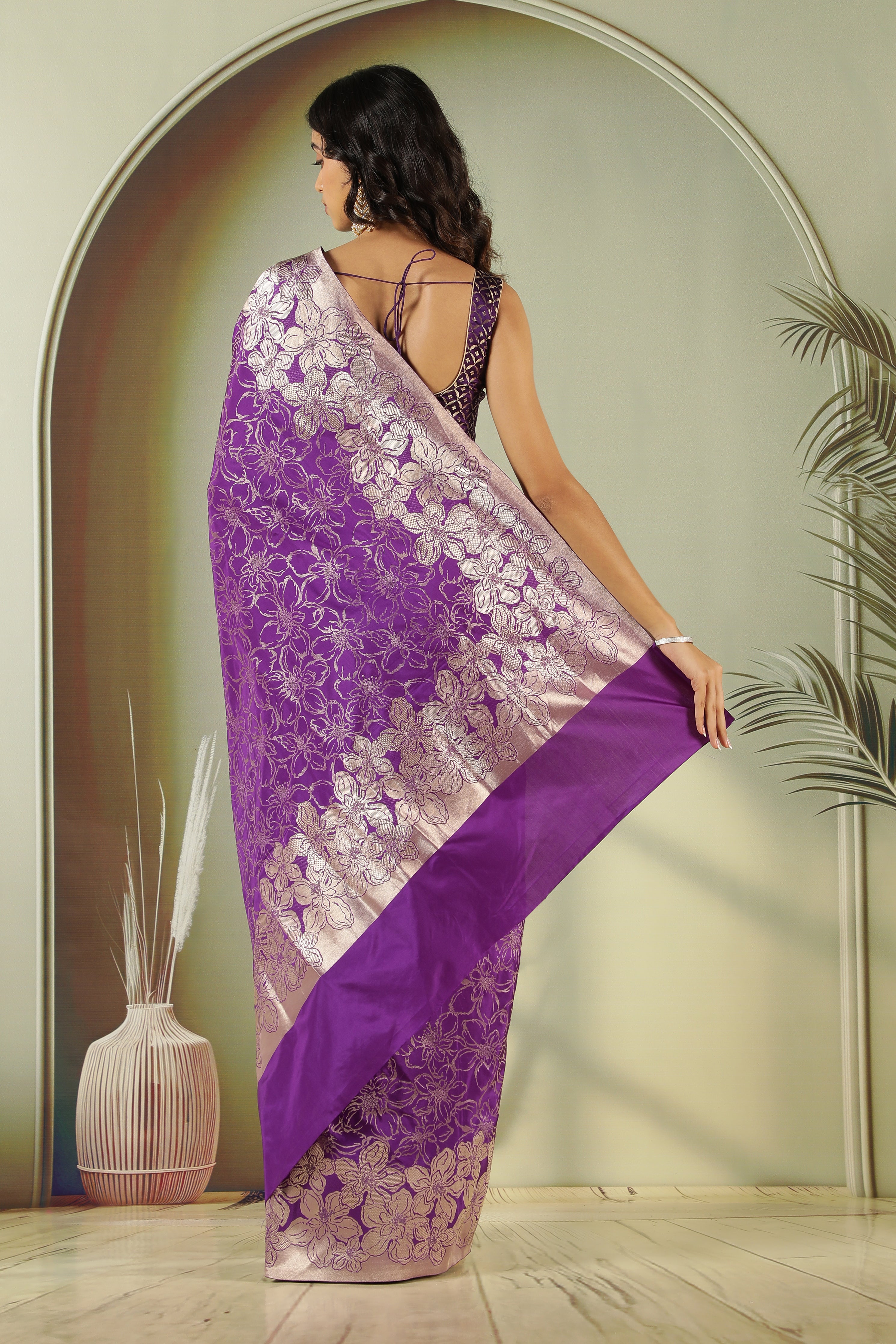 Purple Banarasi Silk Saree with Intricate Zari Weaving Jaal & Traditional Border
