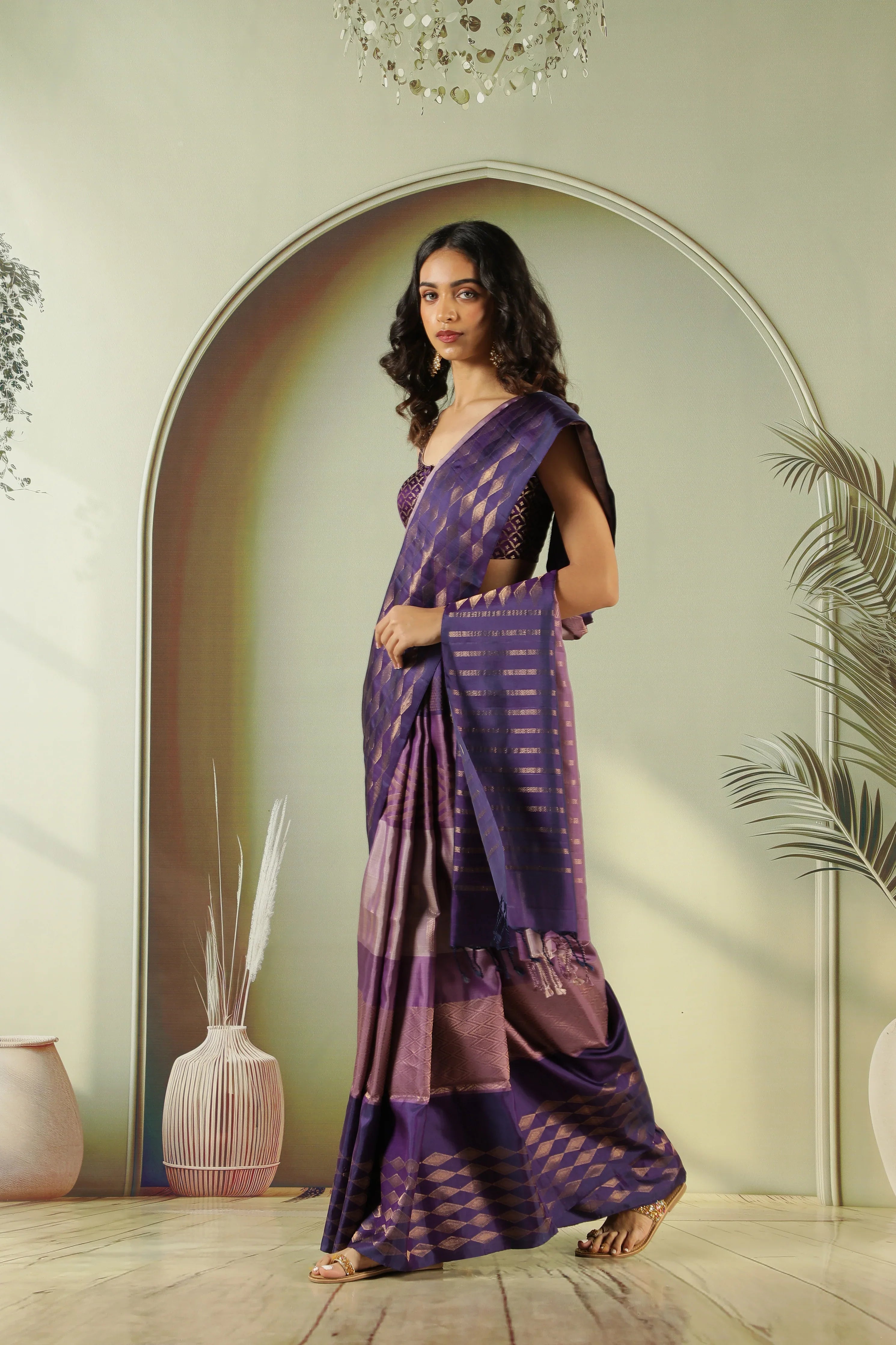 Light Purple Soft Silk Saree with Fancy Weaving & Contrast Blouse | Mokshaa