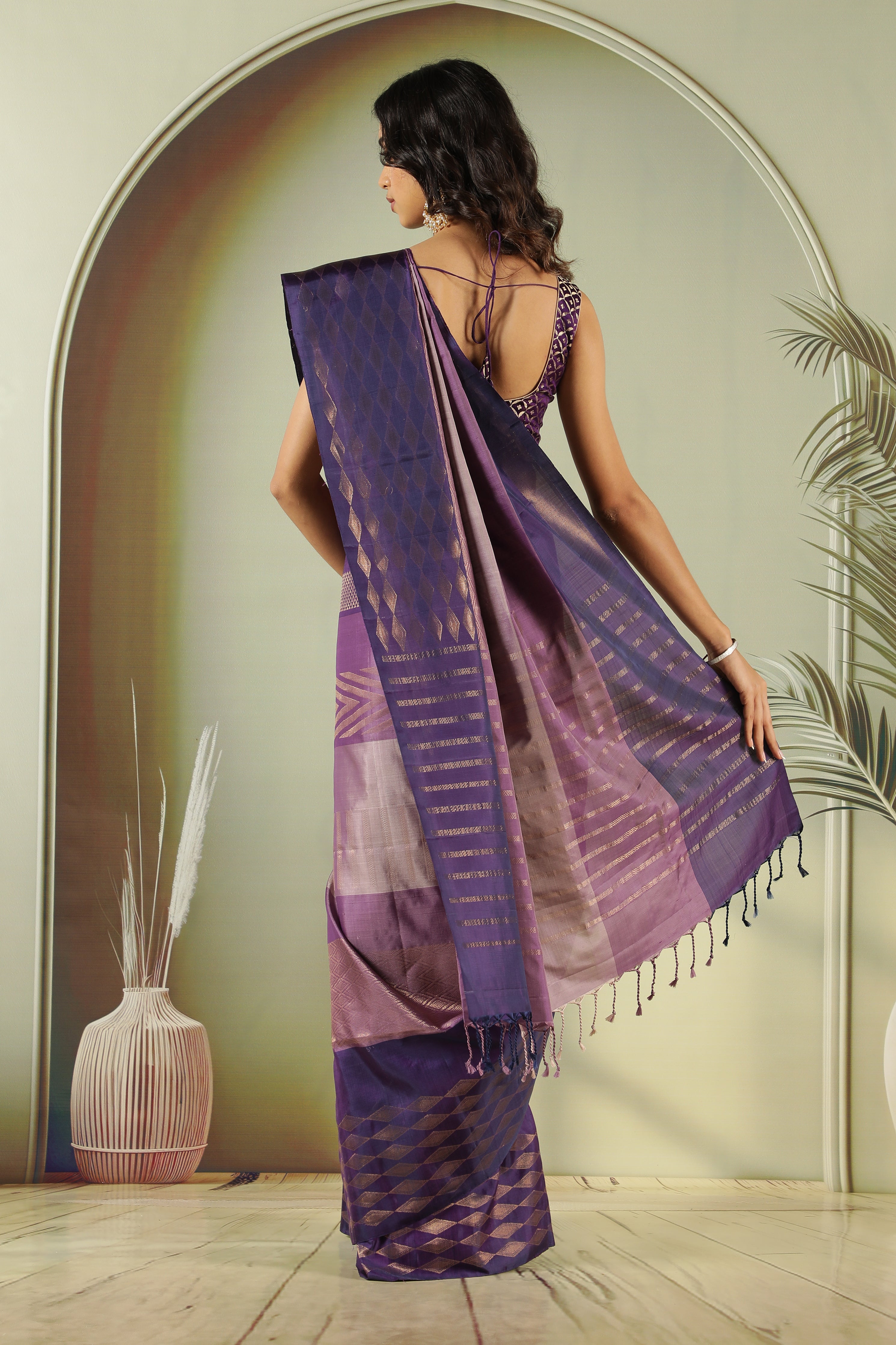 Light Purple Soft Silk Saree with Fancy Weaving & Contrast Blouse