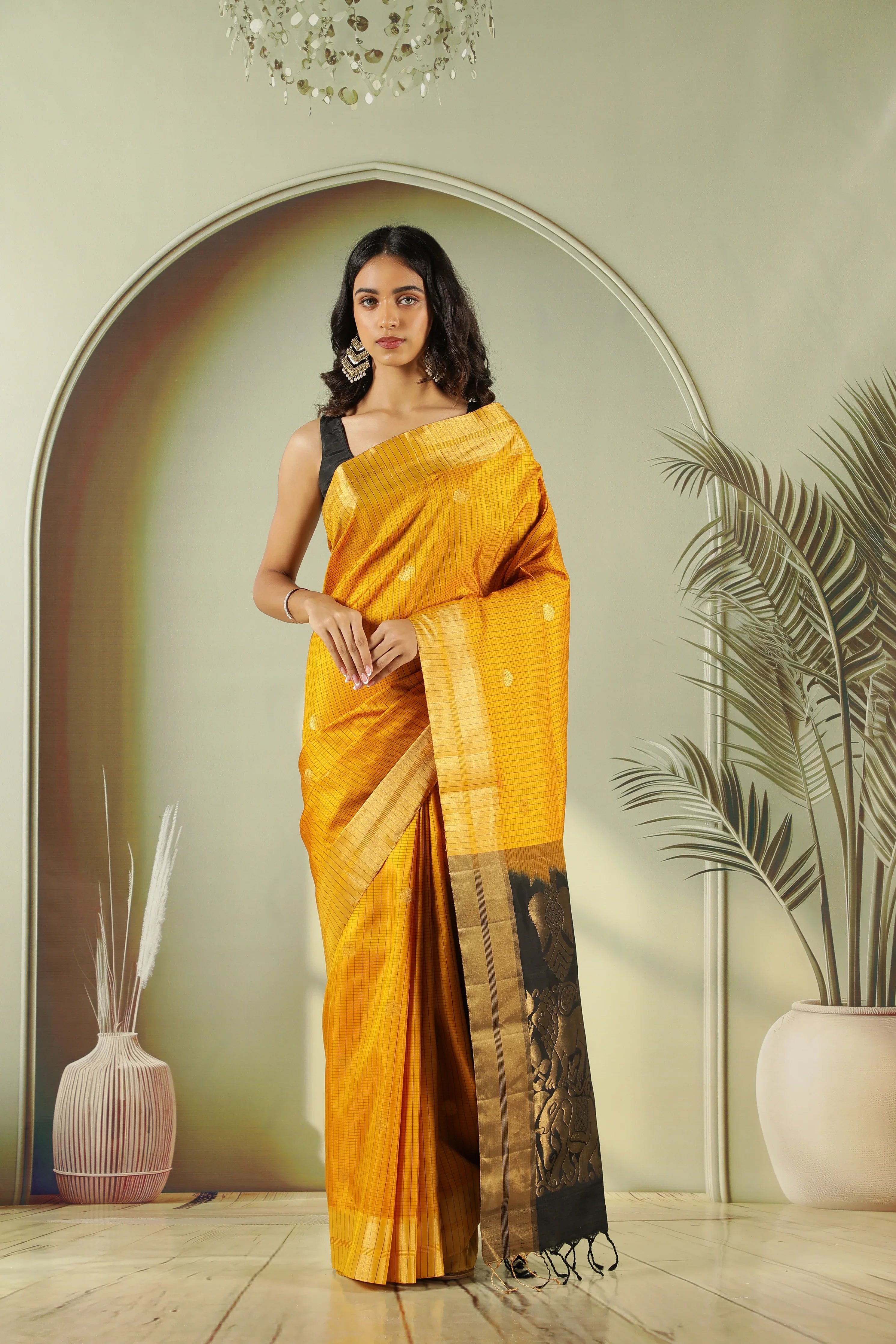 Mustard Soft Silk Saree with Contrast Black Zari Pallu | Mokshaa